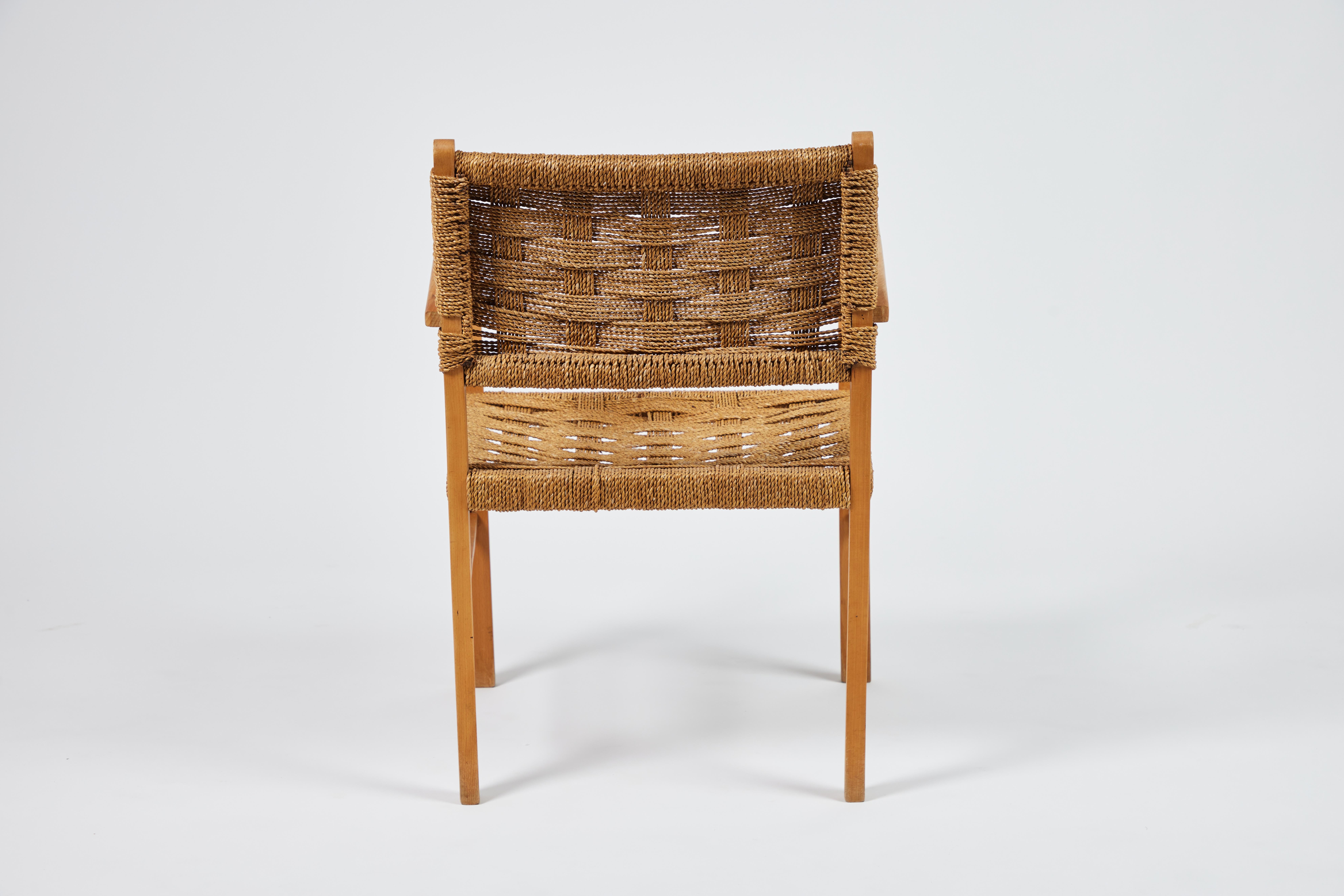 Pair of Mid-Century French Oak & Rope Woven Arm Chairs 1