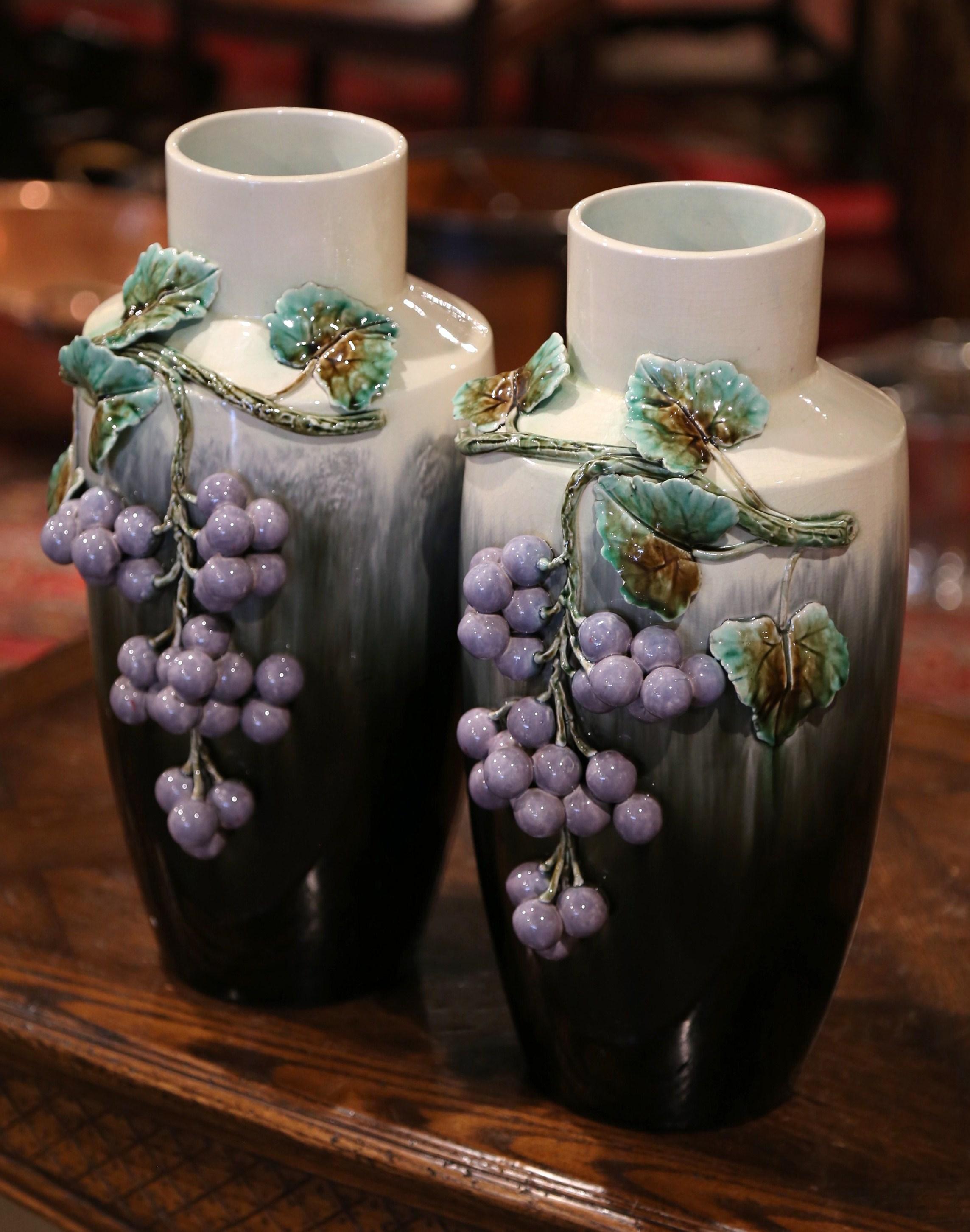 Pair of Midcentury French Painted Barbotine Porcelain Vases with Grape Decor 5