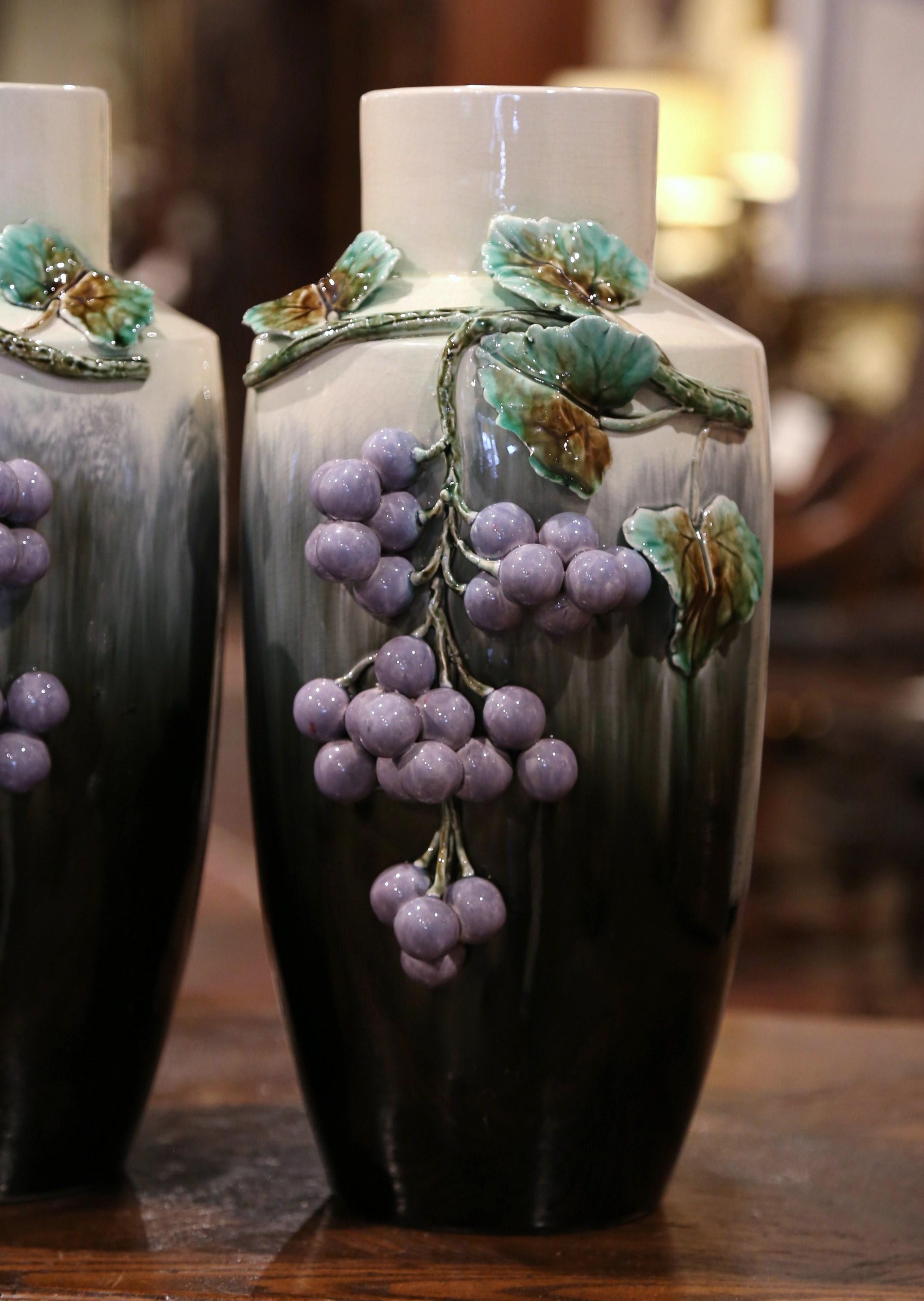 Hand-Painted Pair of Midcentury French Painted Barbotine Porcelain Vases with Grape Decor