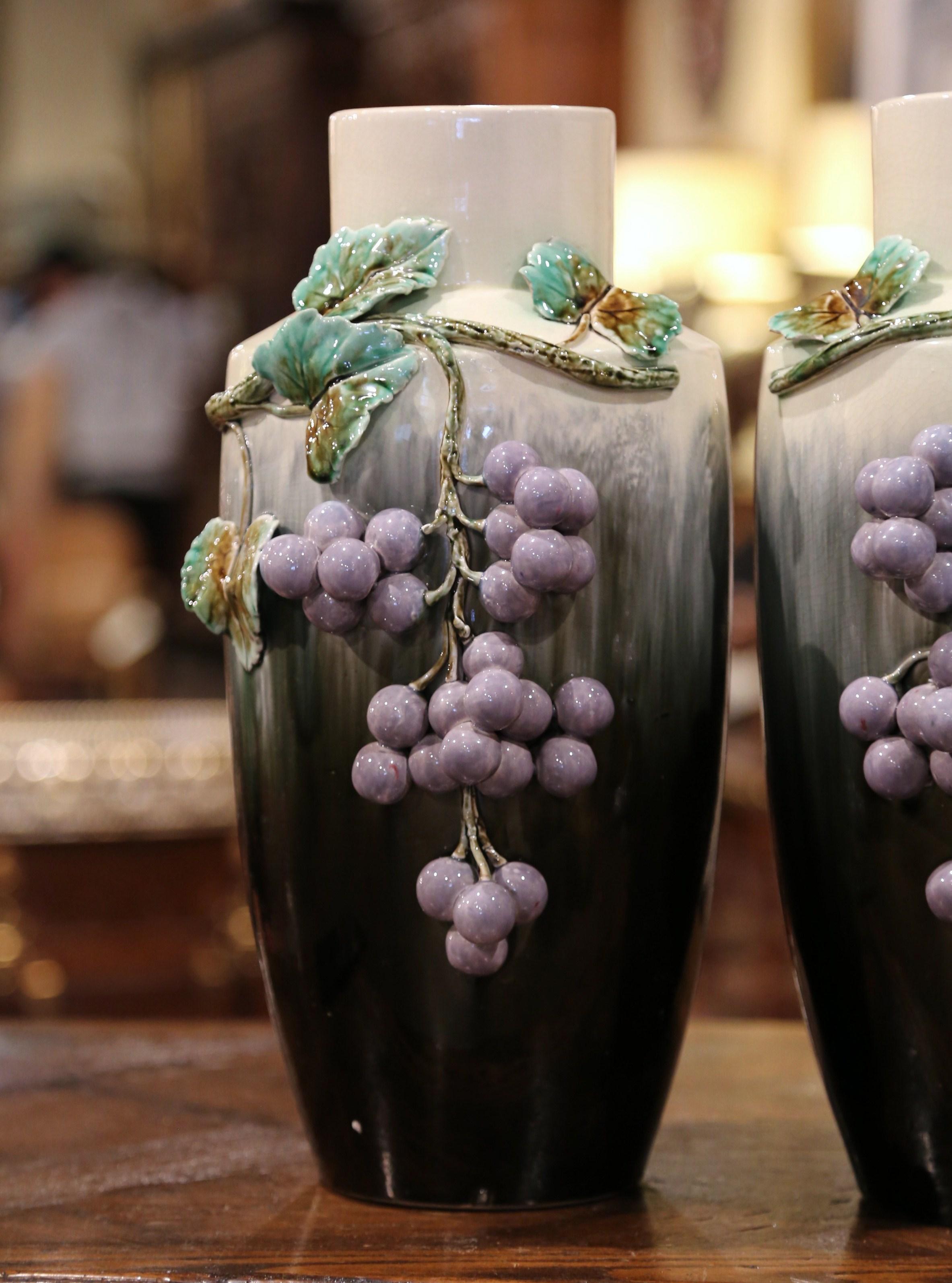 Pair of Midcentury French Painted Barbotine Porcelain Vases with Grape Decor In Excellent Condition In Dallas, TX