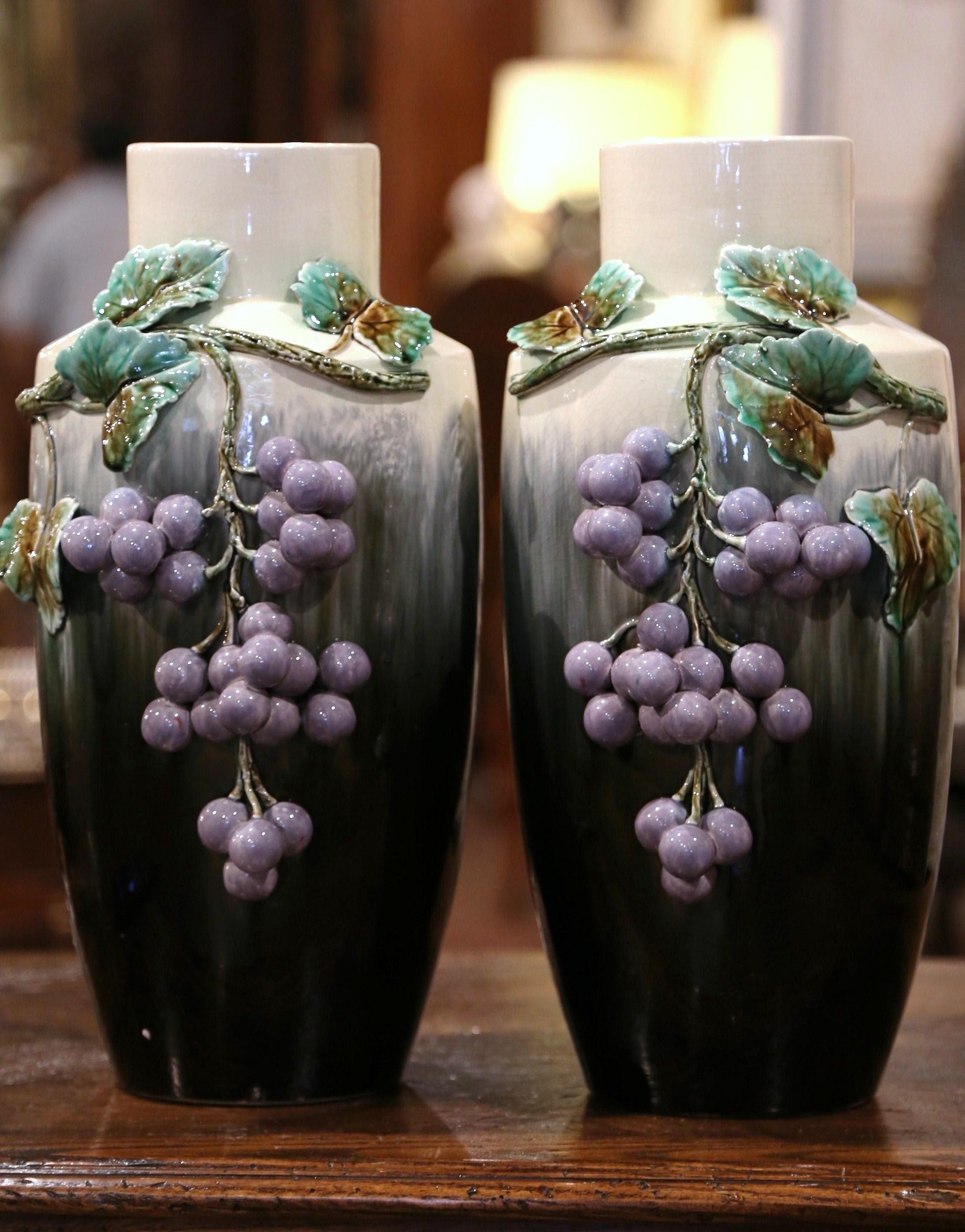 20th Century Pair of Midcentury French Painted Barbotine Porcelain Vases with Grape Decor