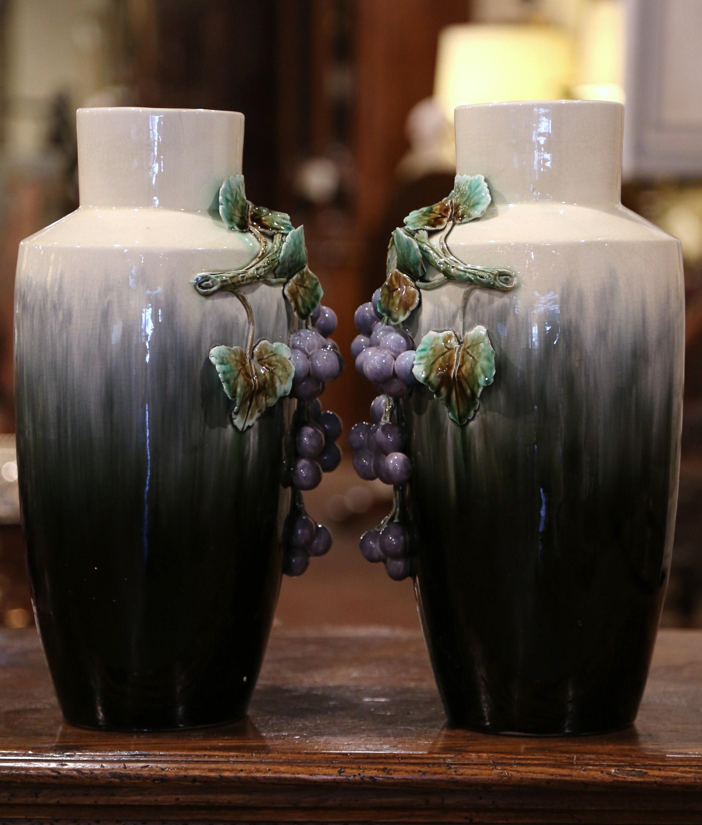 Pair of Midcentury French Painted Barbotine Porcelain Vases with Grape Decor 2