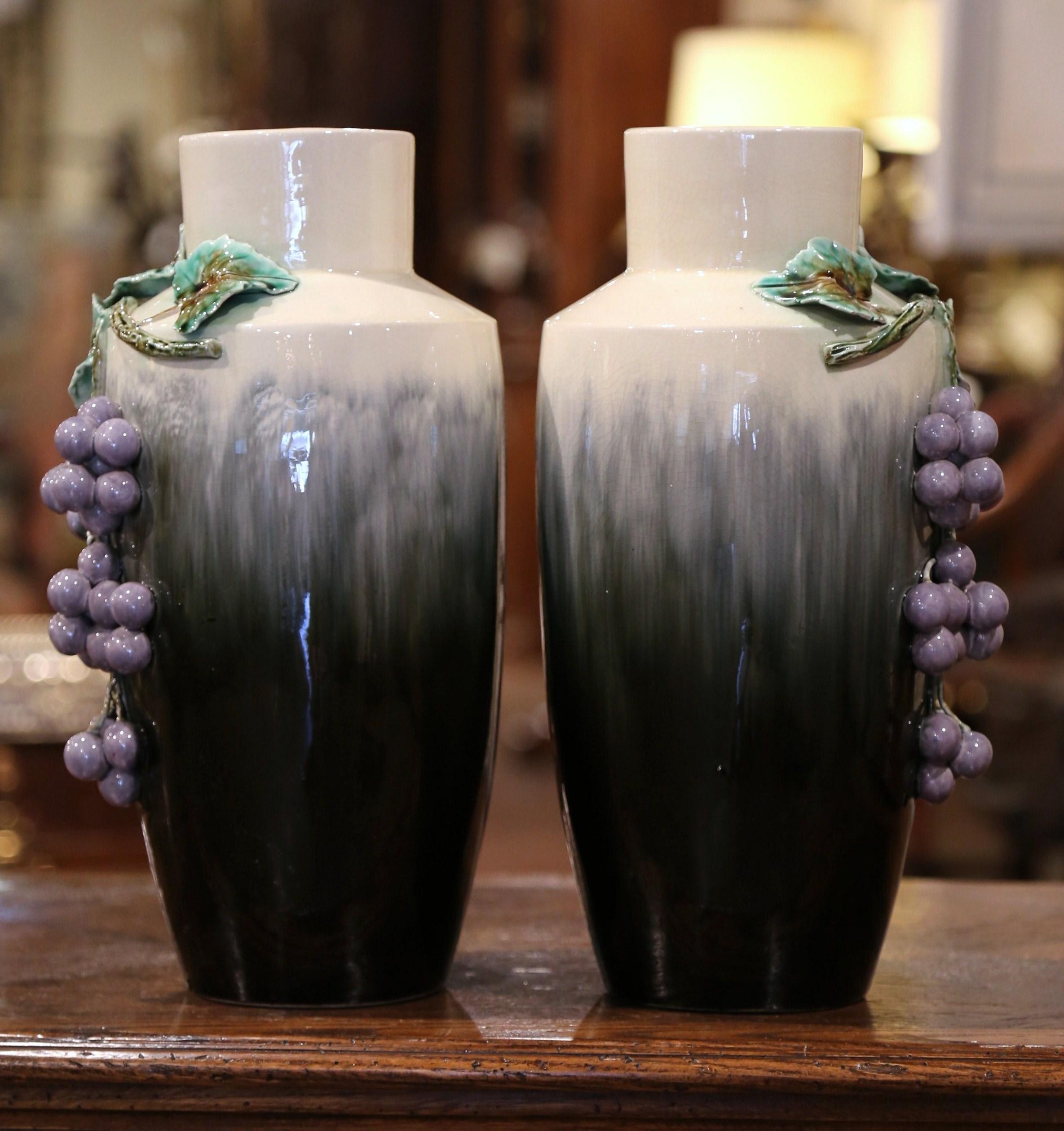 Pair of Midcentury French Painted Barbotine Porcelain Vases with Grape Decor 3