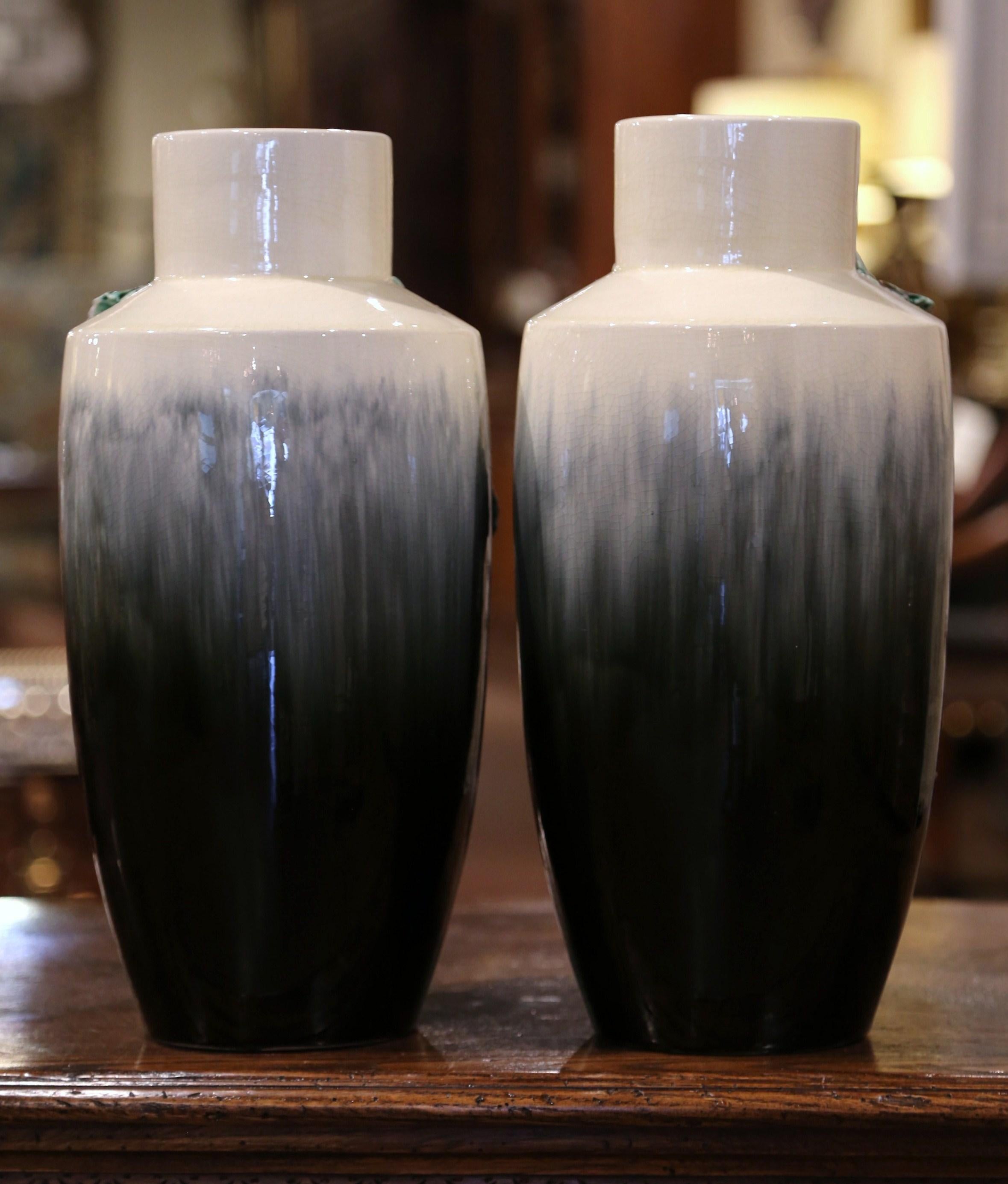 Pair of Midcentury French Painted Barbotine Porcelain Vases with Grape Decor 4