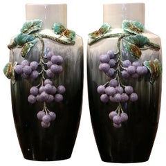 Pair of Midcentury French Painted Barbotine Porcelain Vases with Grape Decor