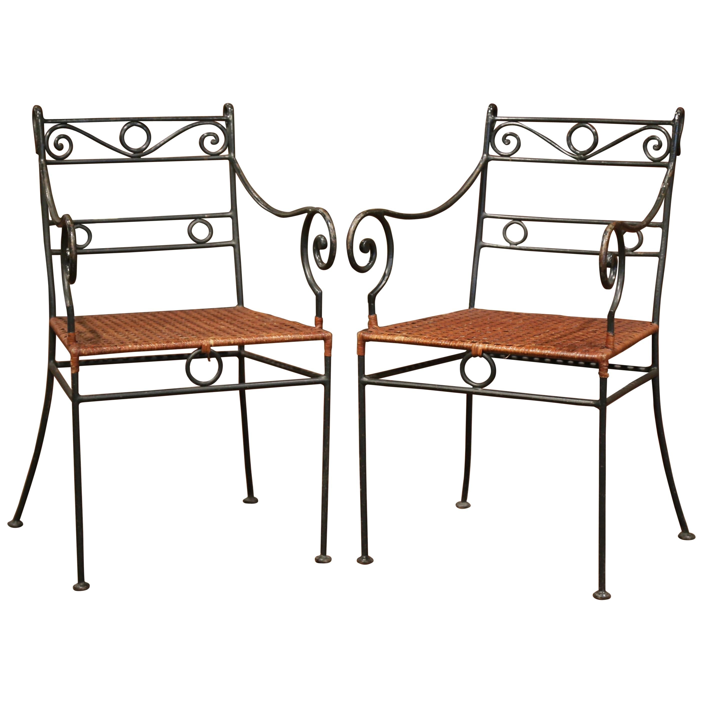 Pair of Midcentury French Painted Iron Outdoor Armchairs with Straw Seat