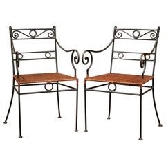 Pair of Midcentury French Painted Iron Outdoor Armchairs with Straw Seat