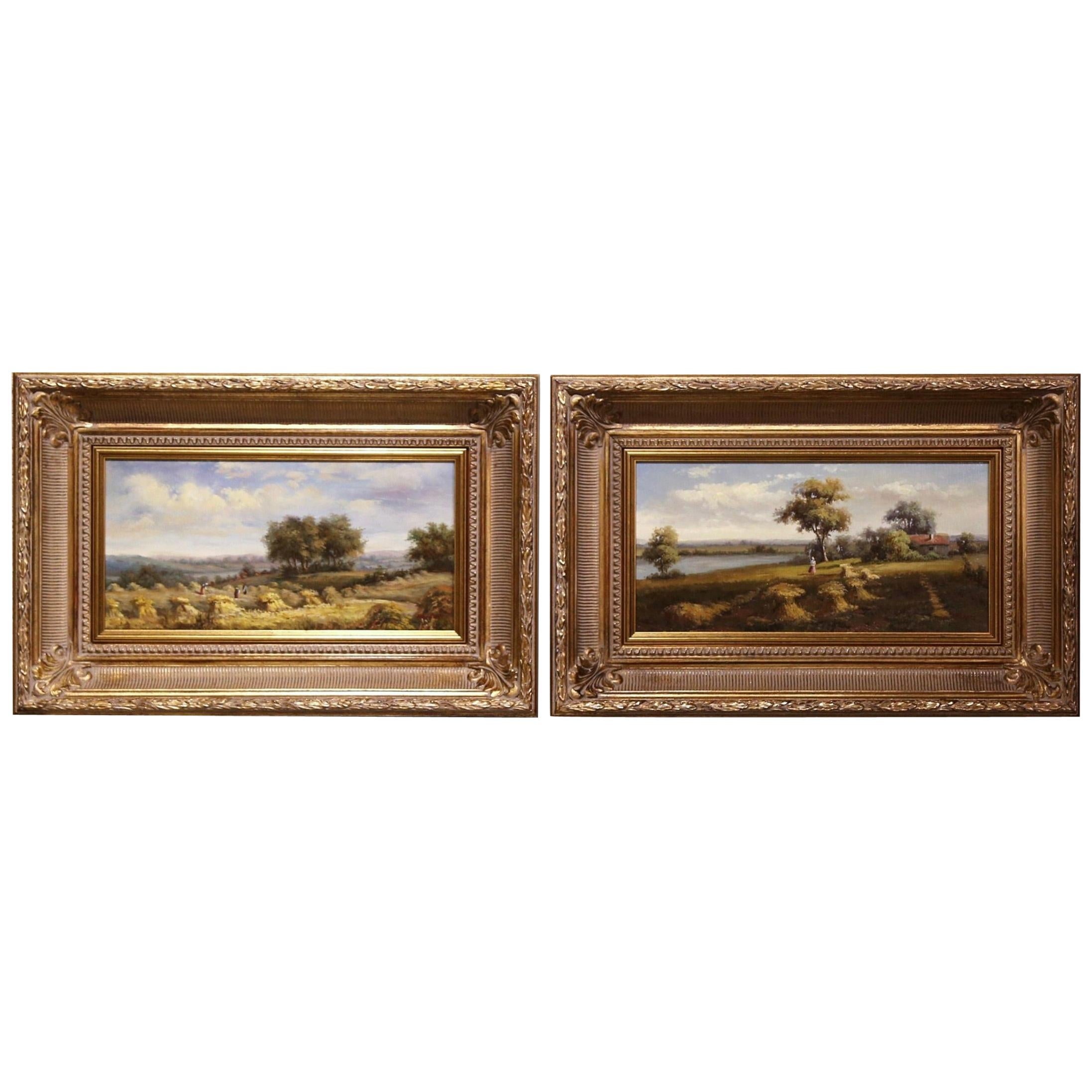 Pair of Midcentury French Pastoral Oil on Canvas Paintings in Gilt Frames