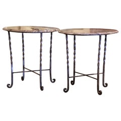 Pair of Midcentury French Polished Wrought Iron and Marble Patio Side Tables