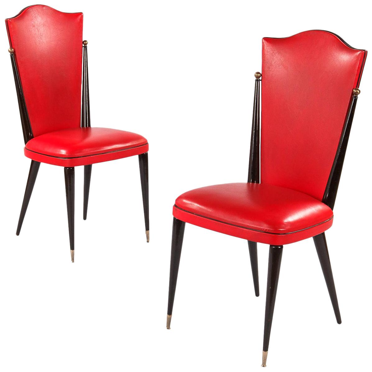 Pair of Midcentury French Red Vinyl and Black Lacquered Wood Side Chairs, 1960s