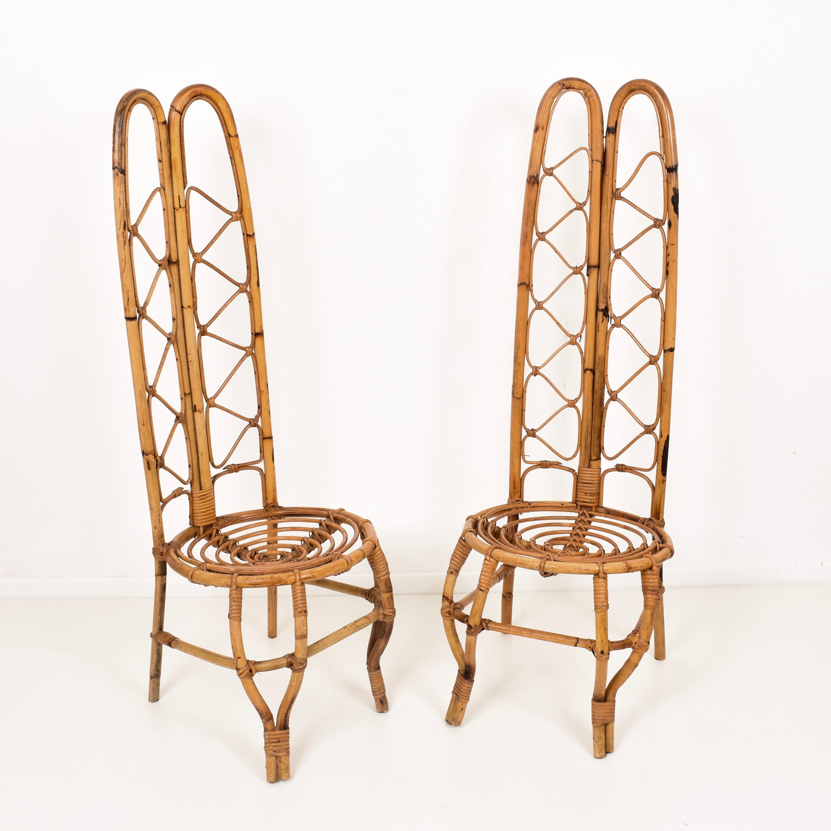 Pair of Midcentury French Riviera Rattan and Bamboo Chairs, France, 1960s In Good Condition In Roma, IT