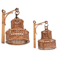 Vintage Pair of Midcentury French Riviera Rattan and Wicker Sconces, Italy, 1960s