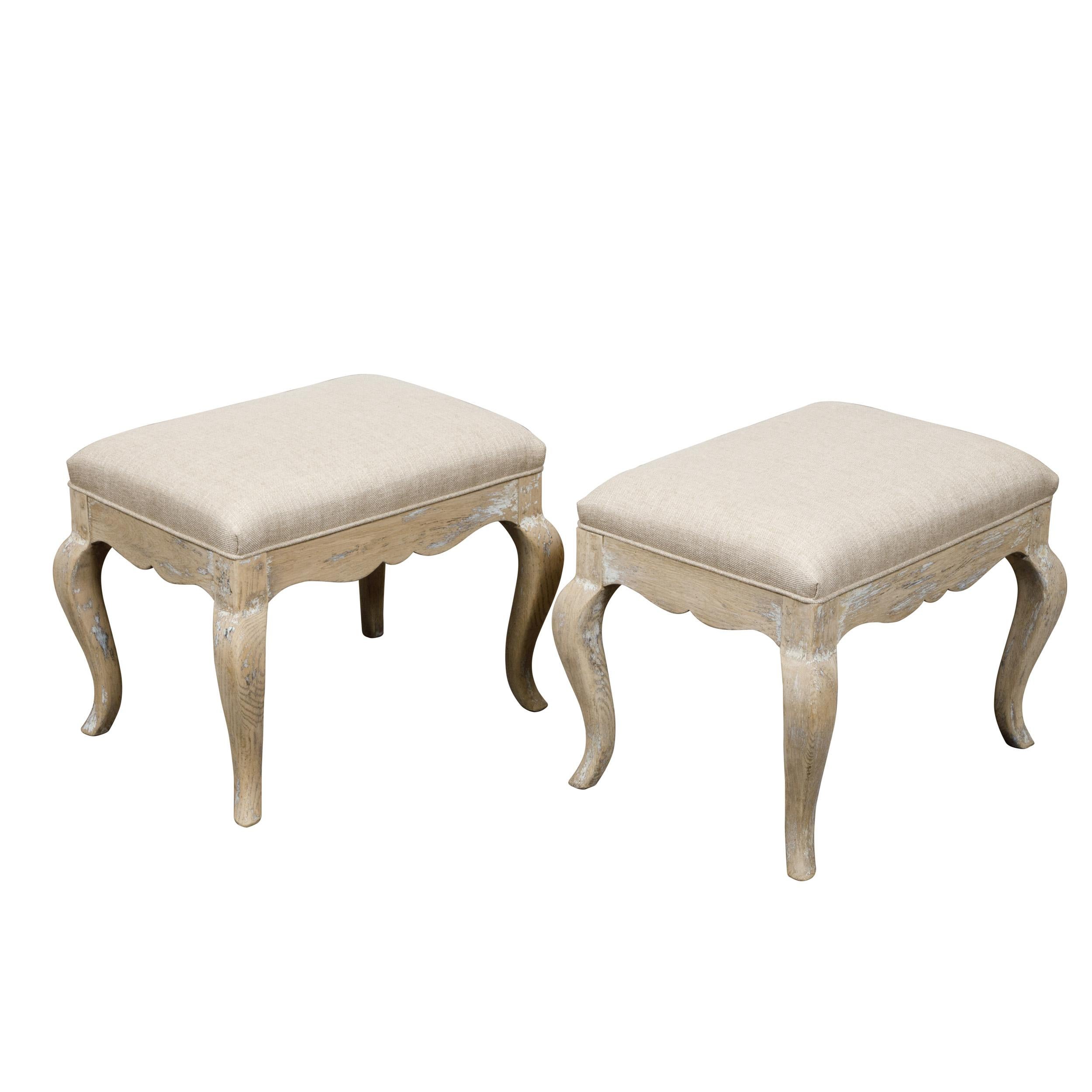 Pair of Midcentury French Rococo Style Oak Stools with Scalloped Aprons For Sale