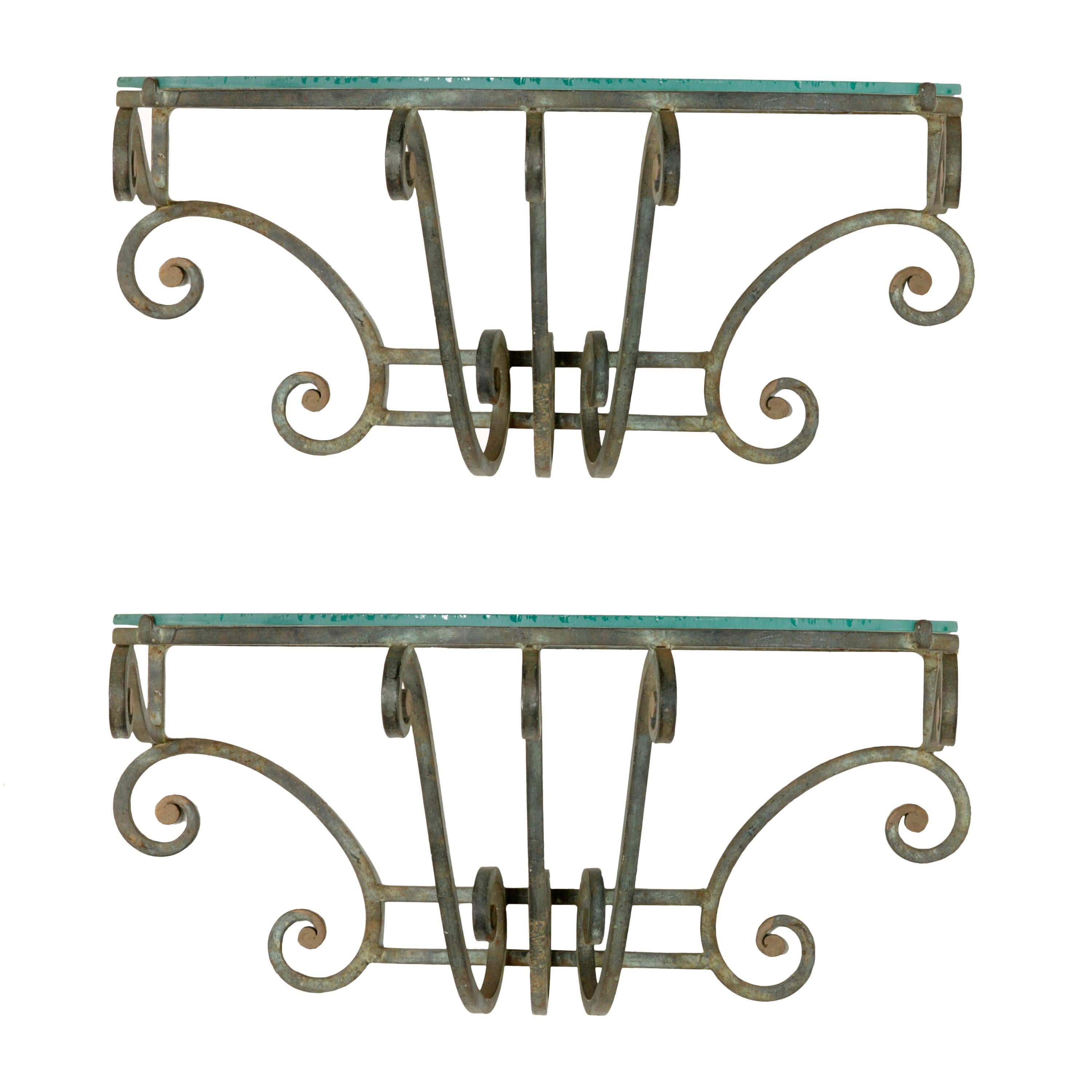 Pair of Midcentury French Scrolled Iron Wall Brackets or Sconces, Glass Shelves