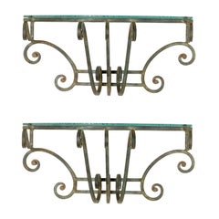 Vintage Pair of Midcentury French Scrolled Iron Wall Brackets or Sconces, Glass Shelves