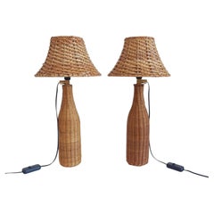 Pair of French Table Lamps in Handwoven Wicker and Rattan, 1960s