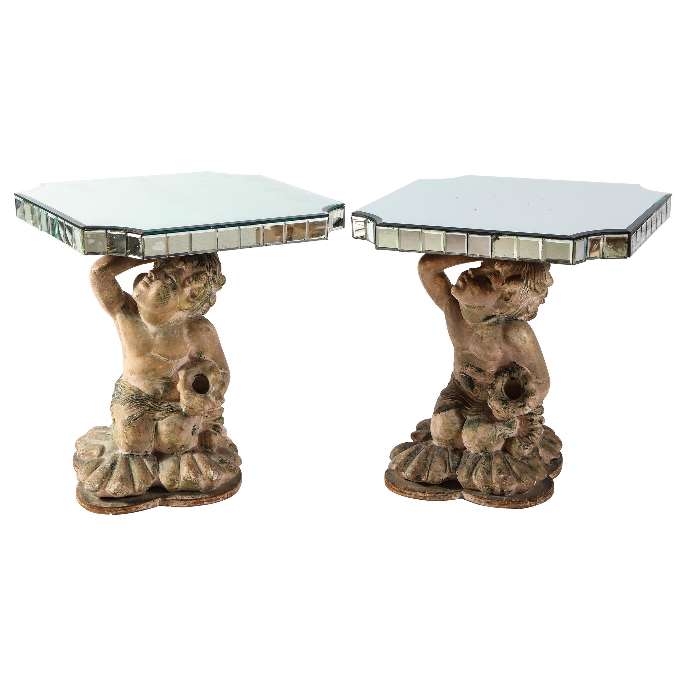 Pair of Midcentury French Terracotta Mirrored and Figural Side Tables For Sale