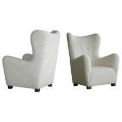 Pair of Midcentury Fritz Hansen Model 1672 High Back Lounge Chairs in Lambswool