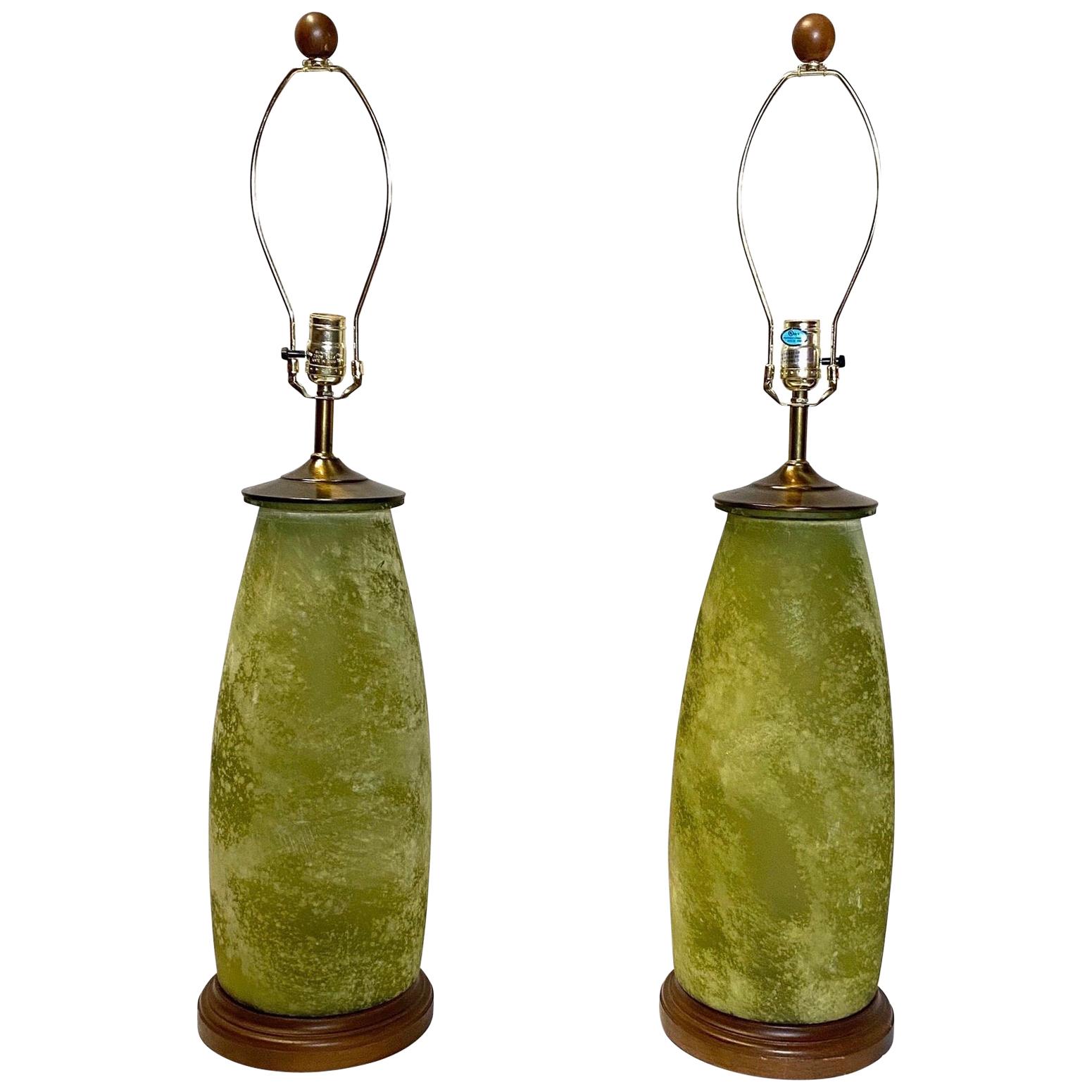 Pair of Midcentury Frosted Green Glass Table Lamps