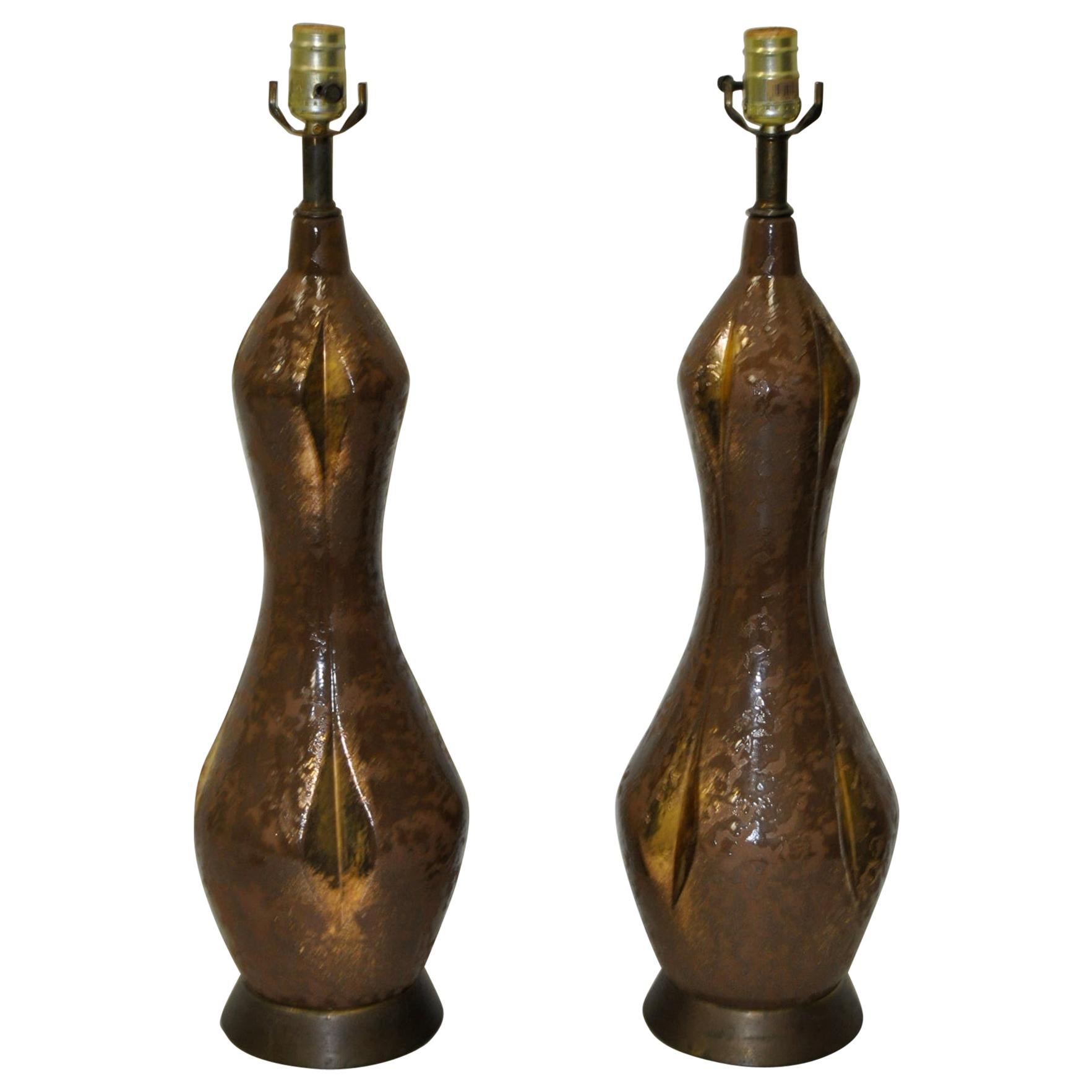 Pair of Midcentury Gilded Glaze Ceramic Table Lamps circa 1950 For Sale
