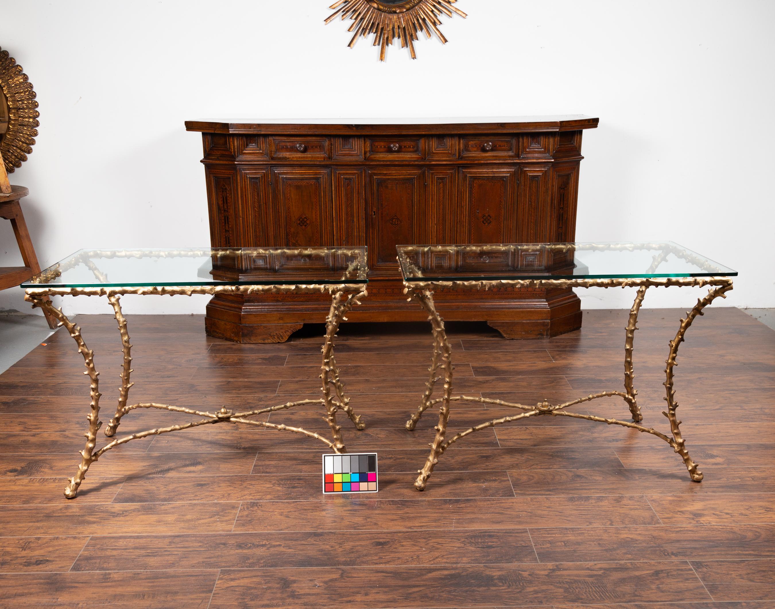 Pair of Midcentury Gilt Bronze Glass Tops Console Tables with Faux Bois Motifs For Sale 4