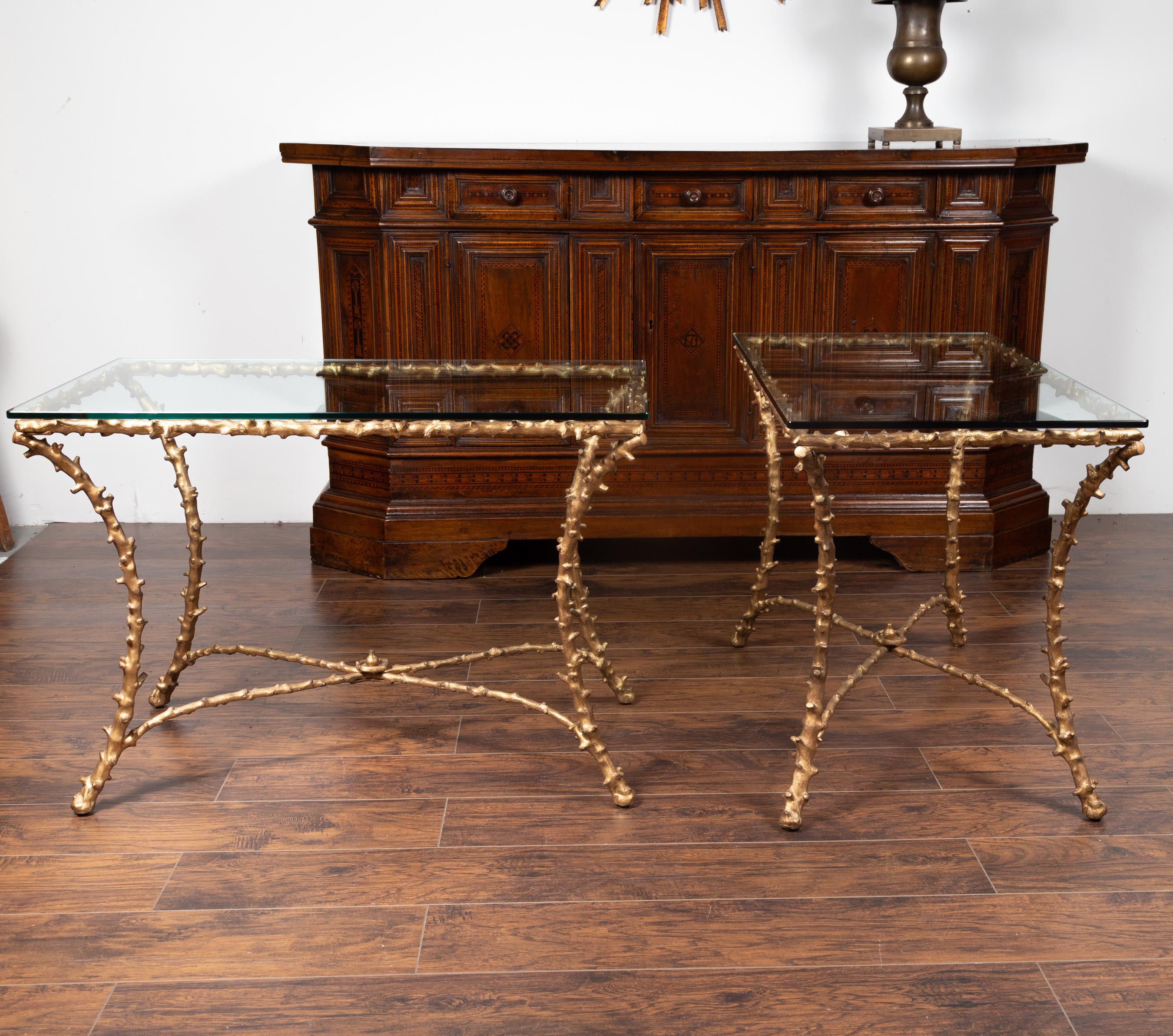 Pair of Midcentury Gilt Bronze Glass Tops Console Tables with Faux Bois Motifs For Sale 6