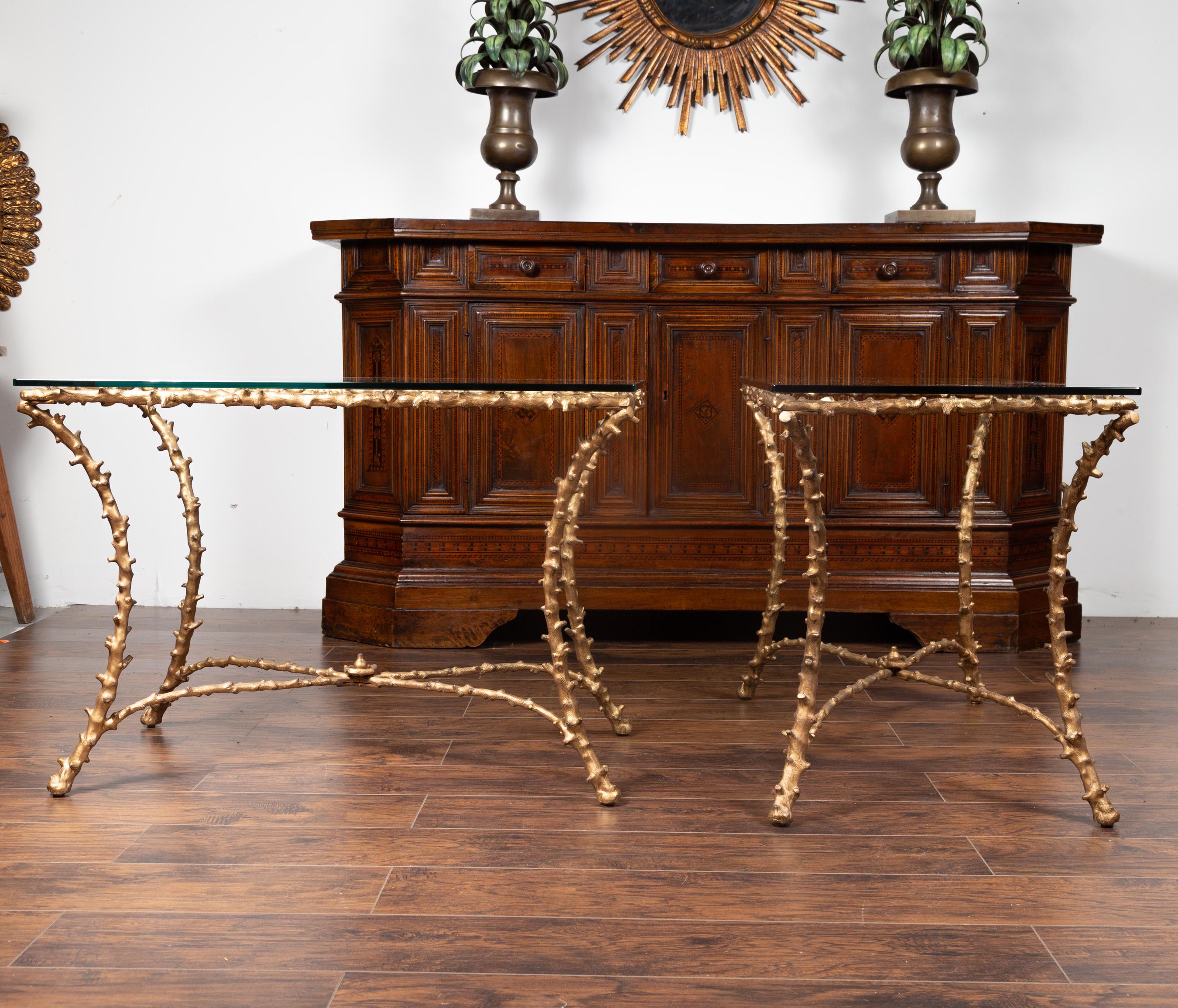 Pair of Midcentury Gilt Bronze Glass Tops Console Tables with Faux Bois Motifs For Sale 7