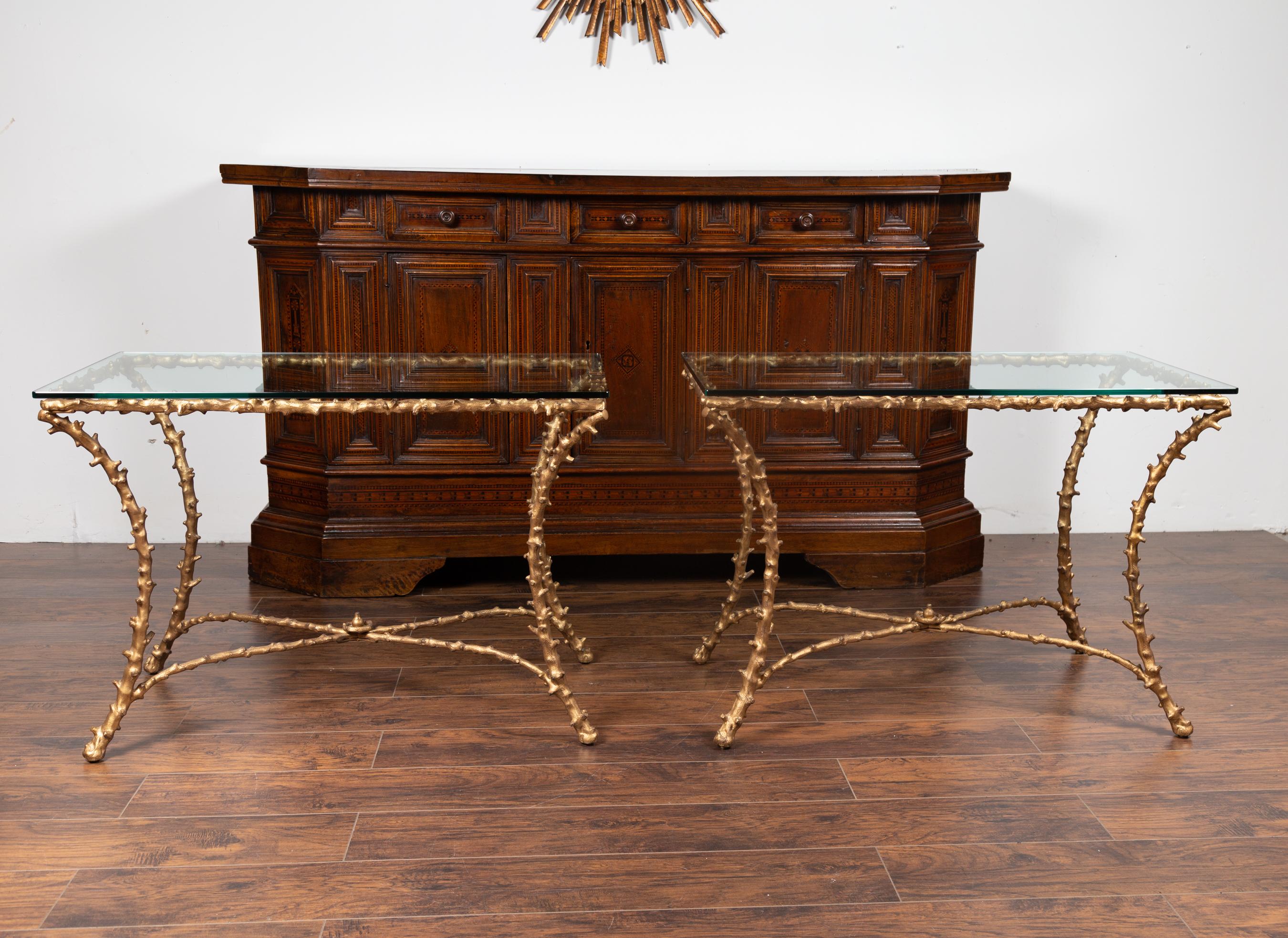 Mid-Century Modern Pair of Midcentury Gilt Bronze Glass Tops Console Tables with Faux Bois Motifs For Sale