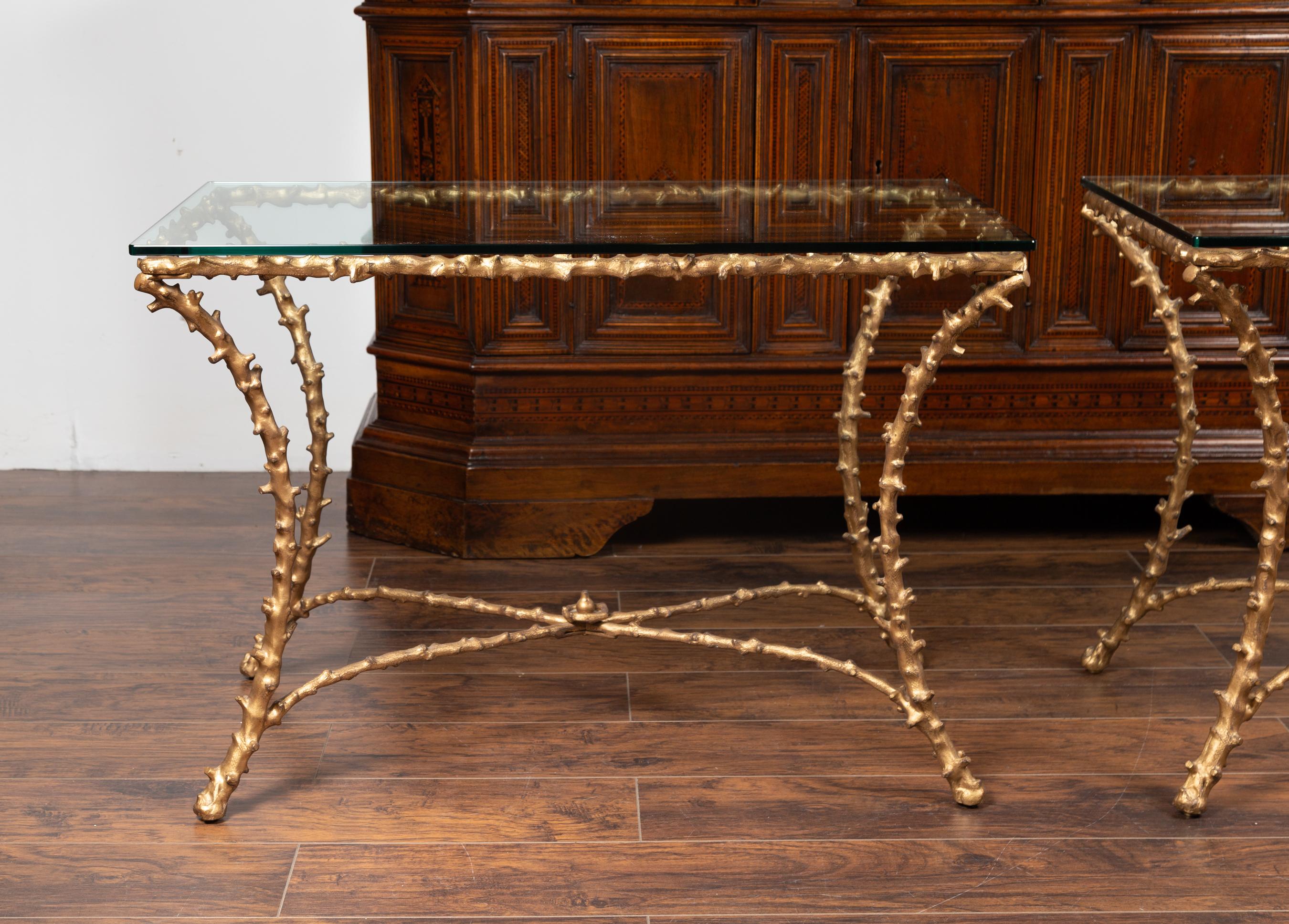 European Pair of Midcentury Gilt Bronze Glass Tops Console Tables with Faux Bois Motifs For Sale