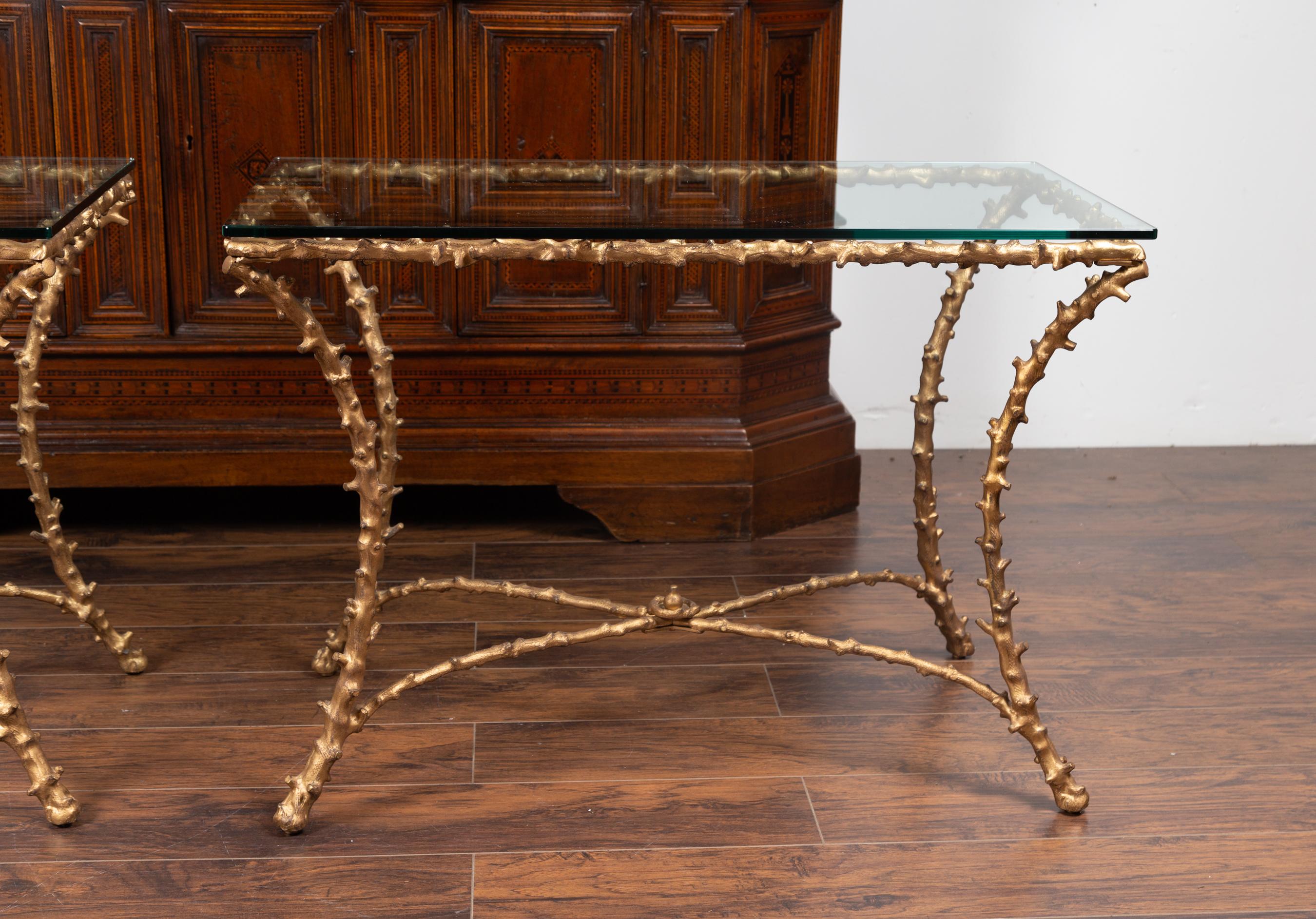 Pair of Midcentury Gilt Bronze Glass Tops Console Tables with Faux Bois Motifs In Good Condition For Sale In Atlanta, GA