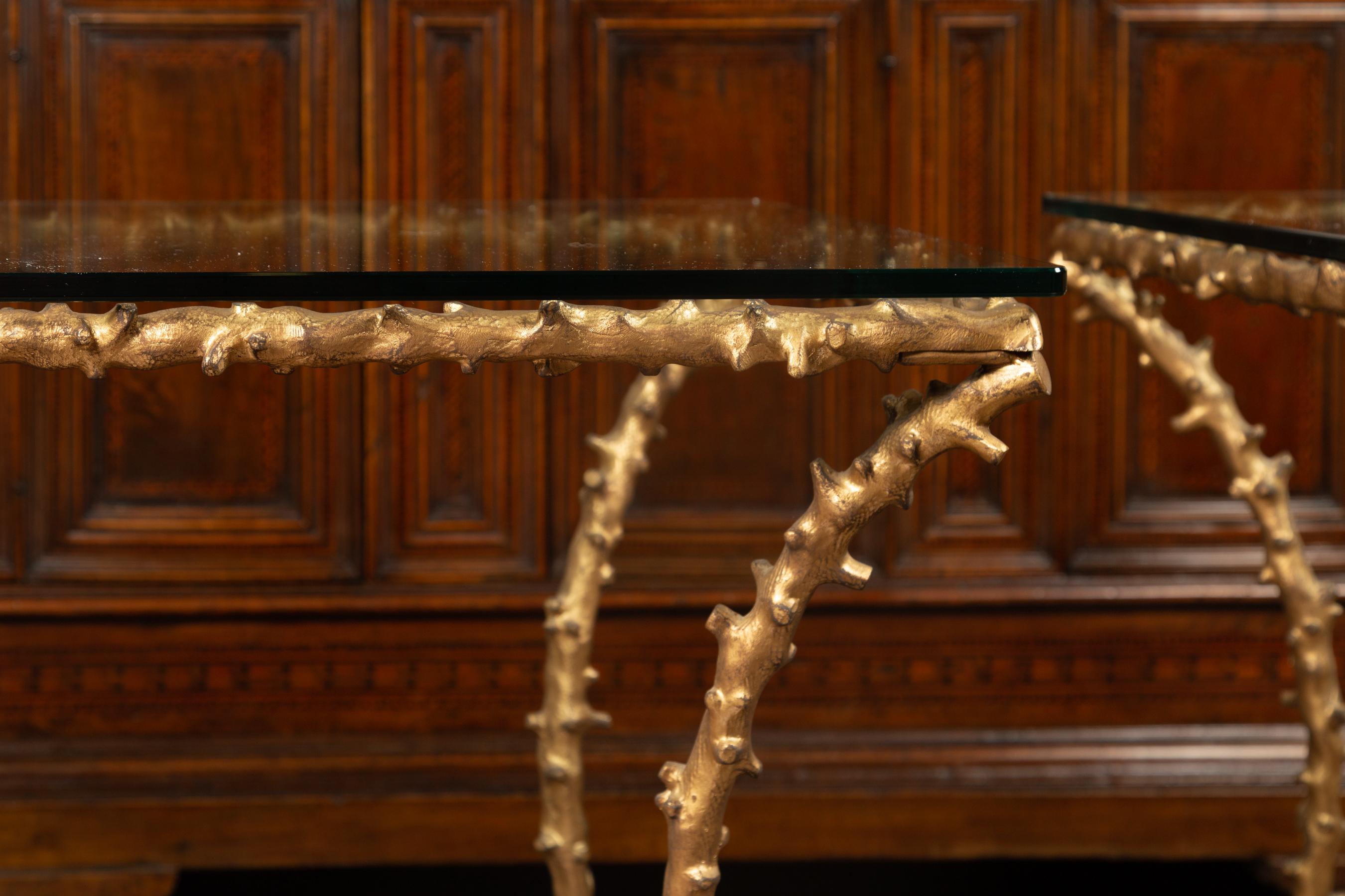 20th Century Pair of Midcentury Gilt Bronze Glass Tops Console Tables with Faux Bois Motifs For Sale