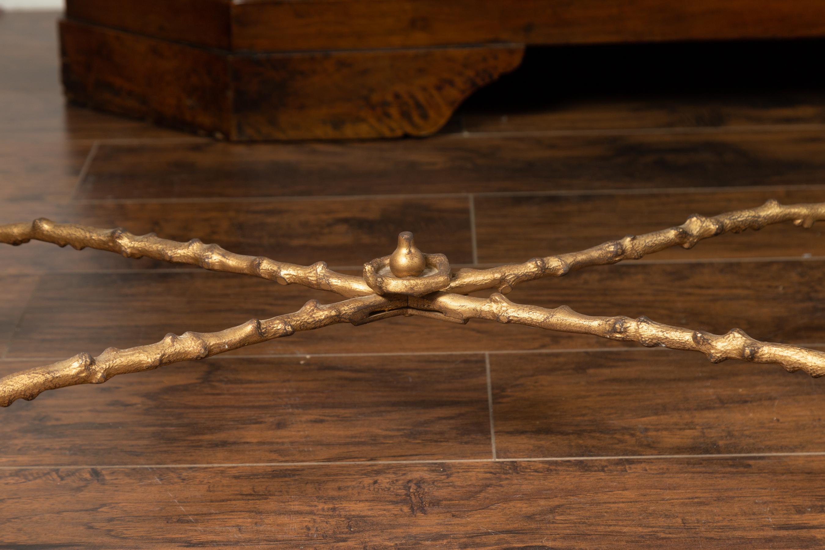 Pair of Midcentury Gilt Bronze Glass Tops Console Tables with Faux Bois Motifs For Sale 2