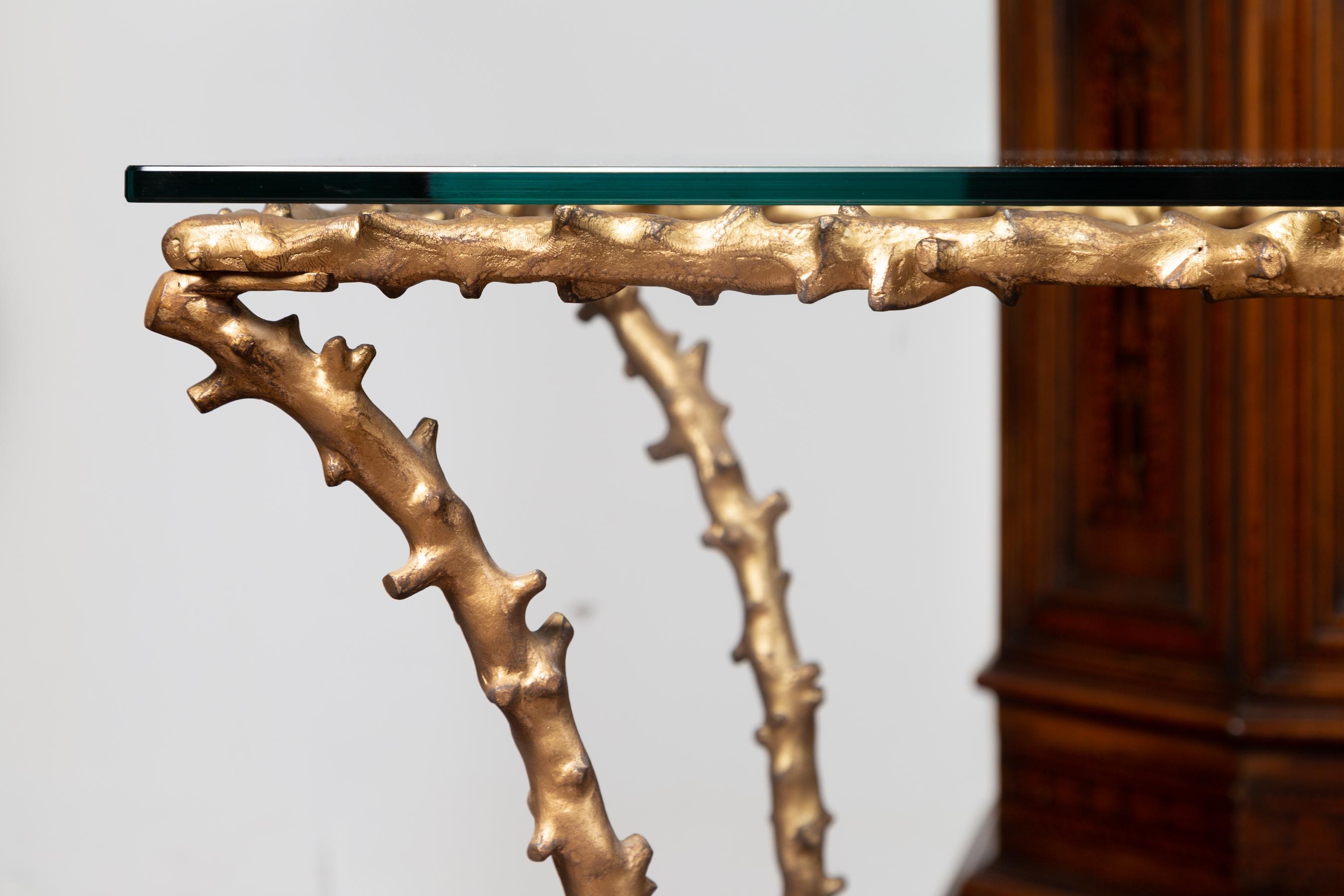Pair of Midcentury Gilt Bronze Glass Tops Console Tables with Faux Bois Motifs For Sale 3