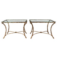 Pair of Midcentury Gilt Bronze Glass Tops Console Tables with Faux Bois Motifs