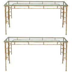 Pair of Midcentury Gilt Iron Faux-Bamboo Console Tables