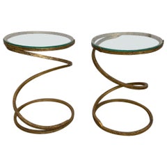 Pair of Midcentury Gilt Iron Glass Topped Spiral Side Tables