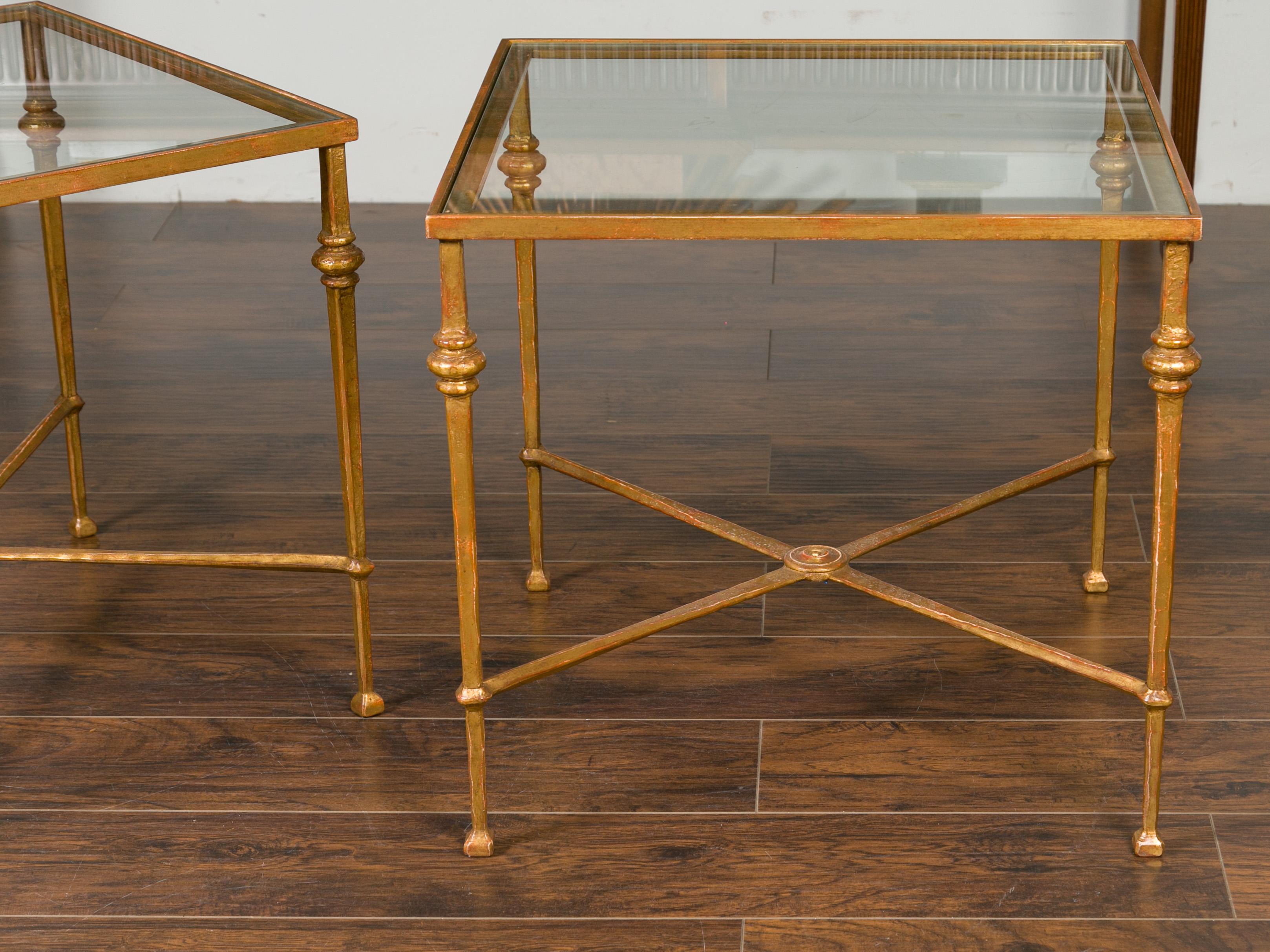Pair of Midcentury Gilt Iron Side Tables with Glass Tops and Cross Stretchers 4