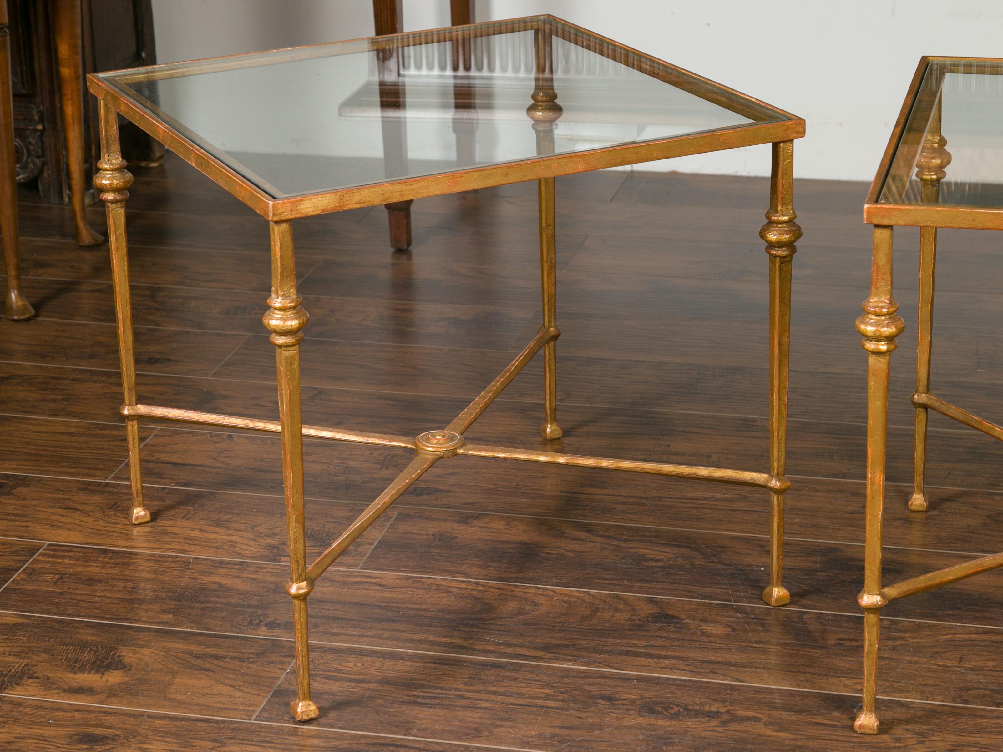 Pair of Midcentury Gilt Iron Side Tables with Glass Tops and Cross Stretchers 5