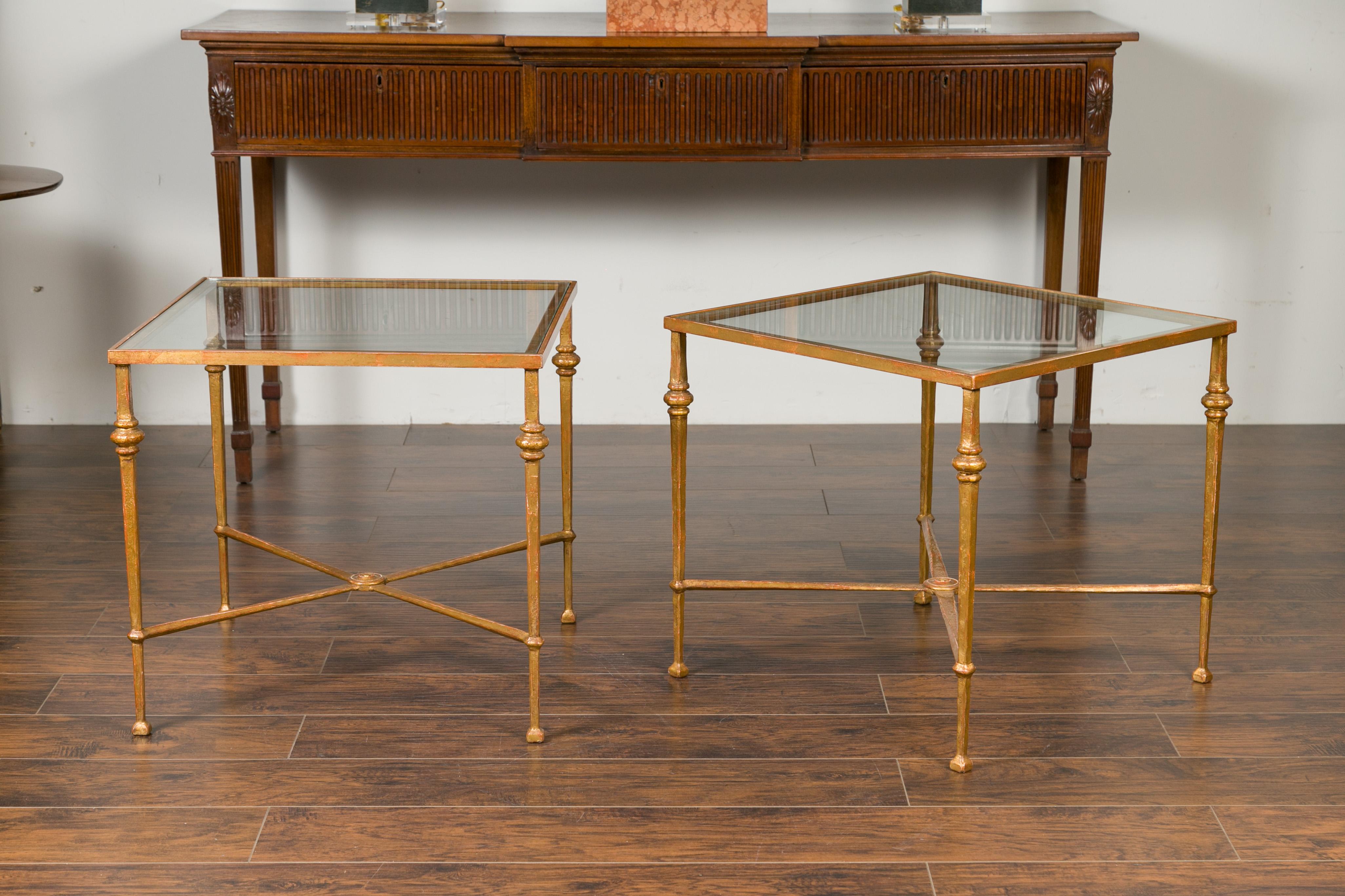 Pair of Midcentury Gilt Iron Side Tables with Glass Tops and Cross Stretchers 6