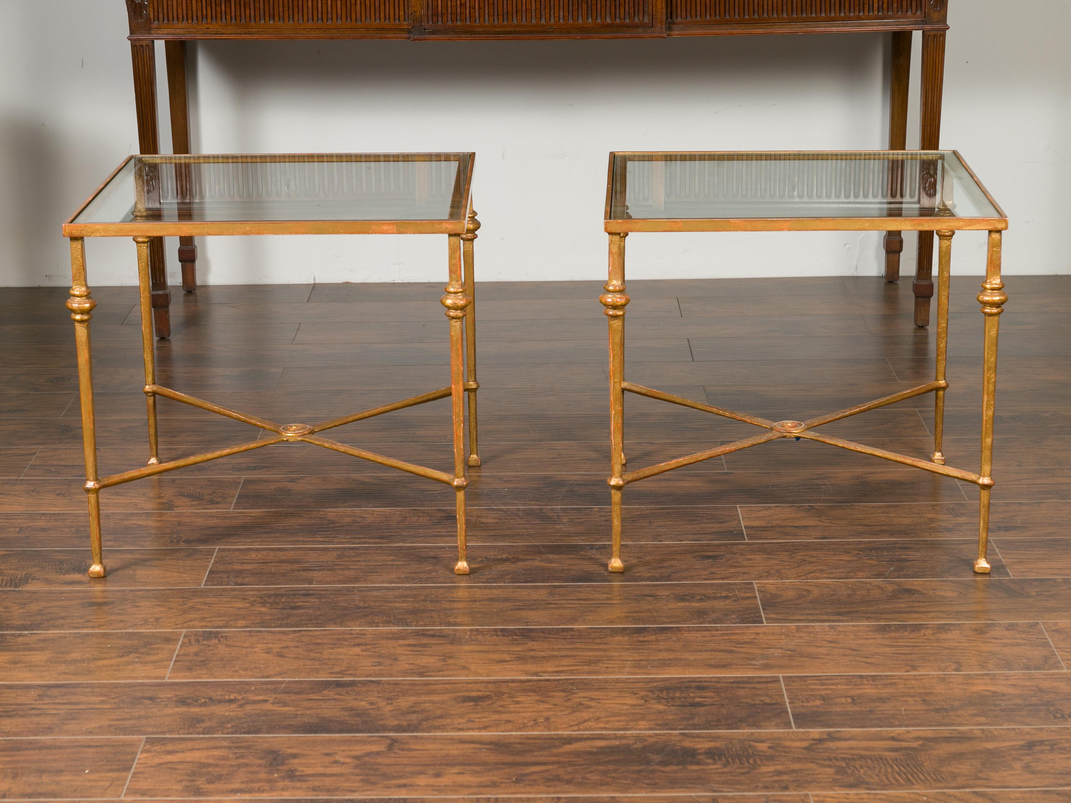 Pair of Midcentury Gilt Iron Side Tables with Glass Tops and Cross Stretchers 7