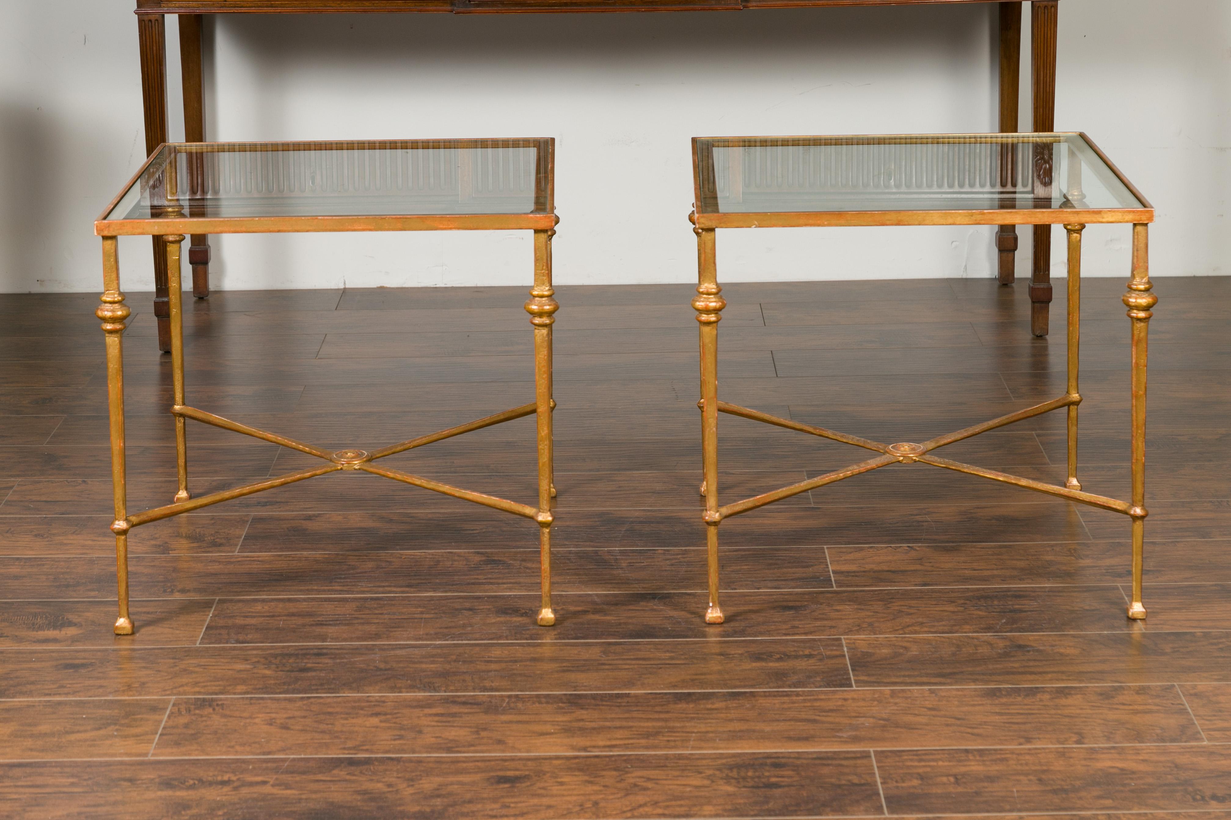 Mid-Century Modern Pair of Midcentury Gilt Iron Side Tables with Glass Tops and Cross Stretchers