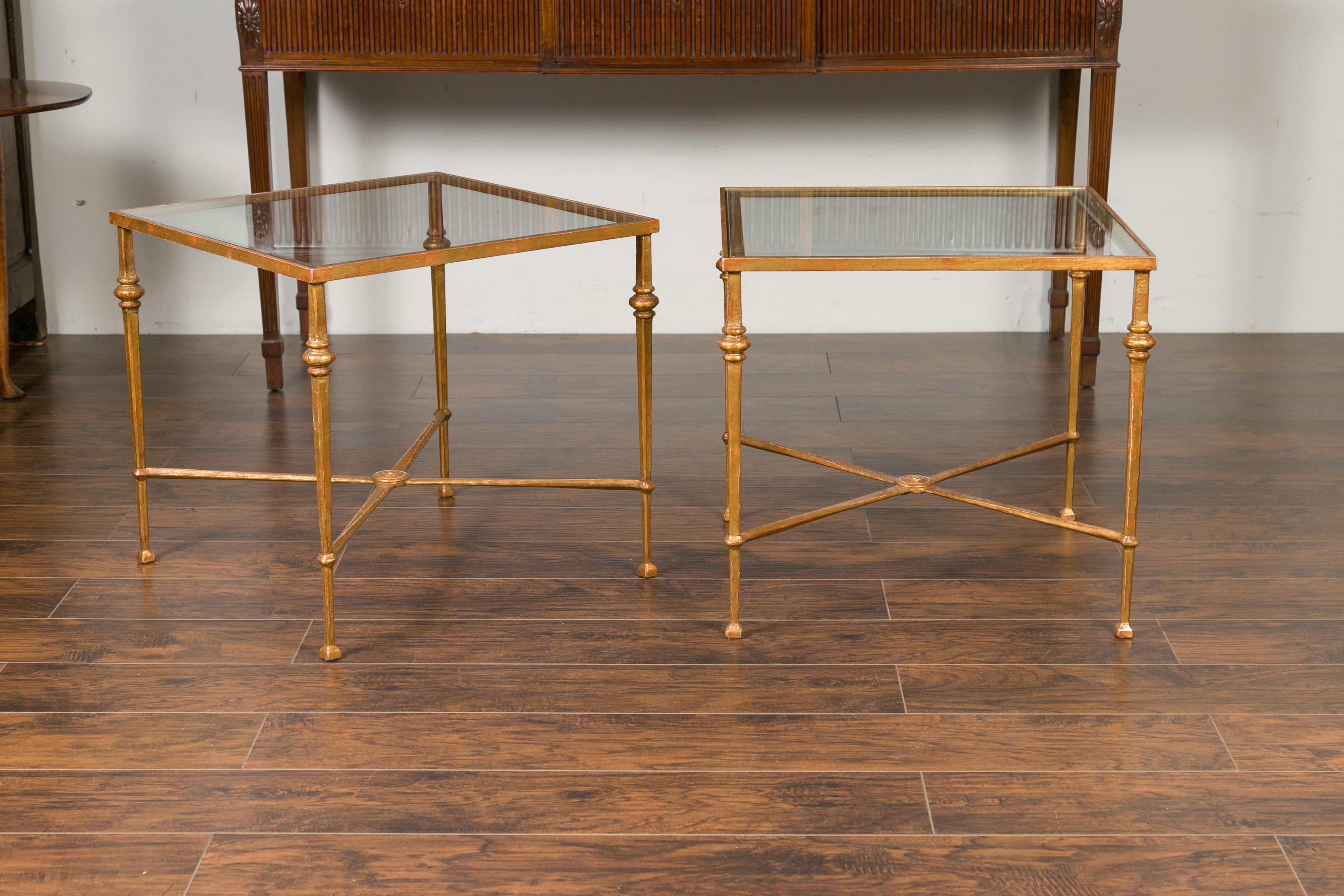 European Pair of Midcentury Gilt Iron Side Tables with Glass Tops and Cross Stretchers