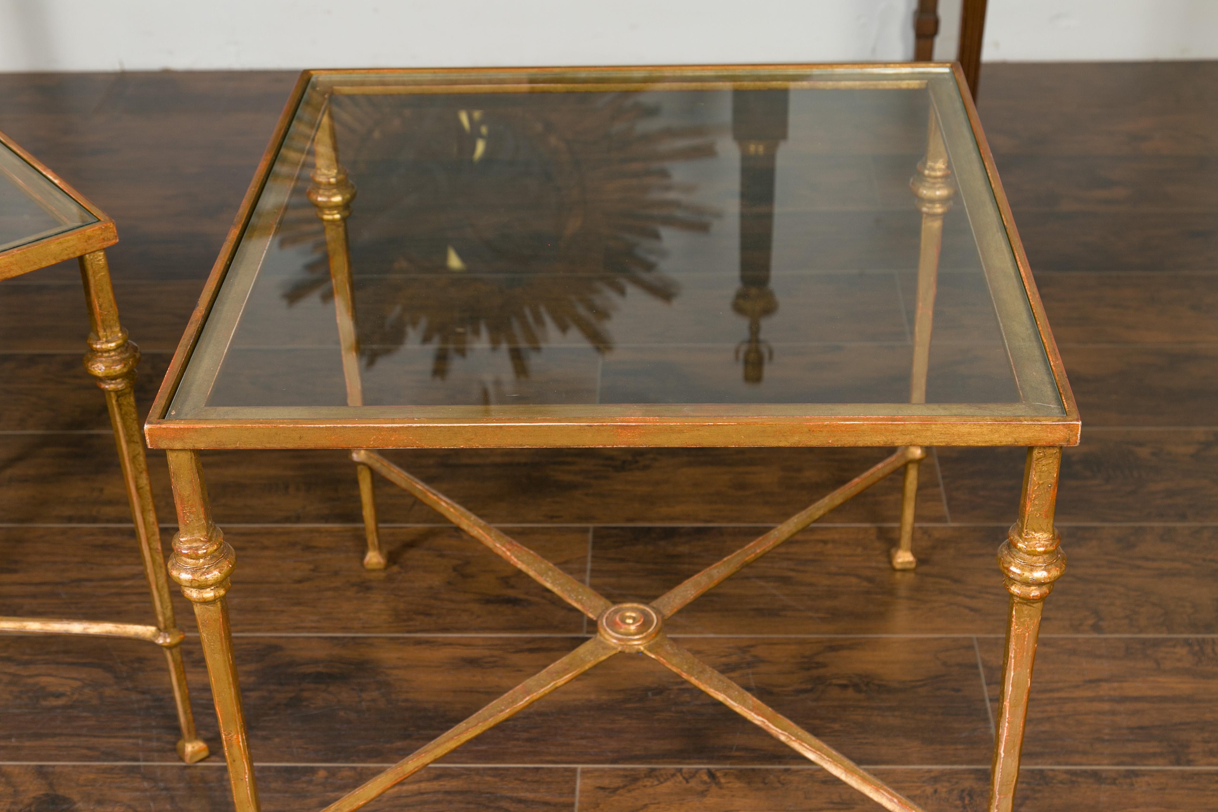 Pair of Midcentury Gilt Iron Side Tables with Glass Tops and Cross Stretchers In Good Condition In Atlanta, GA