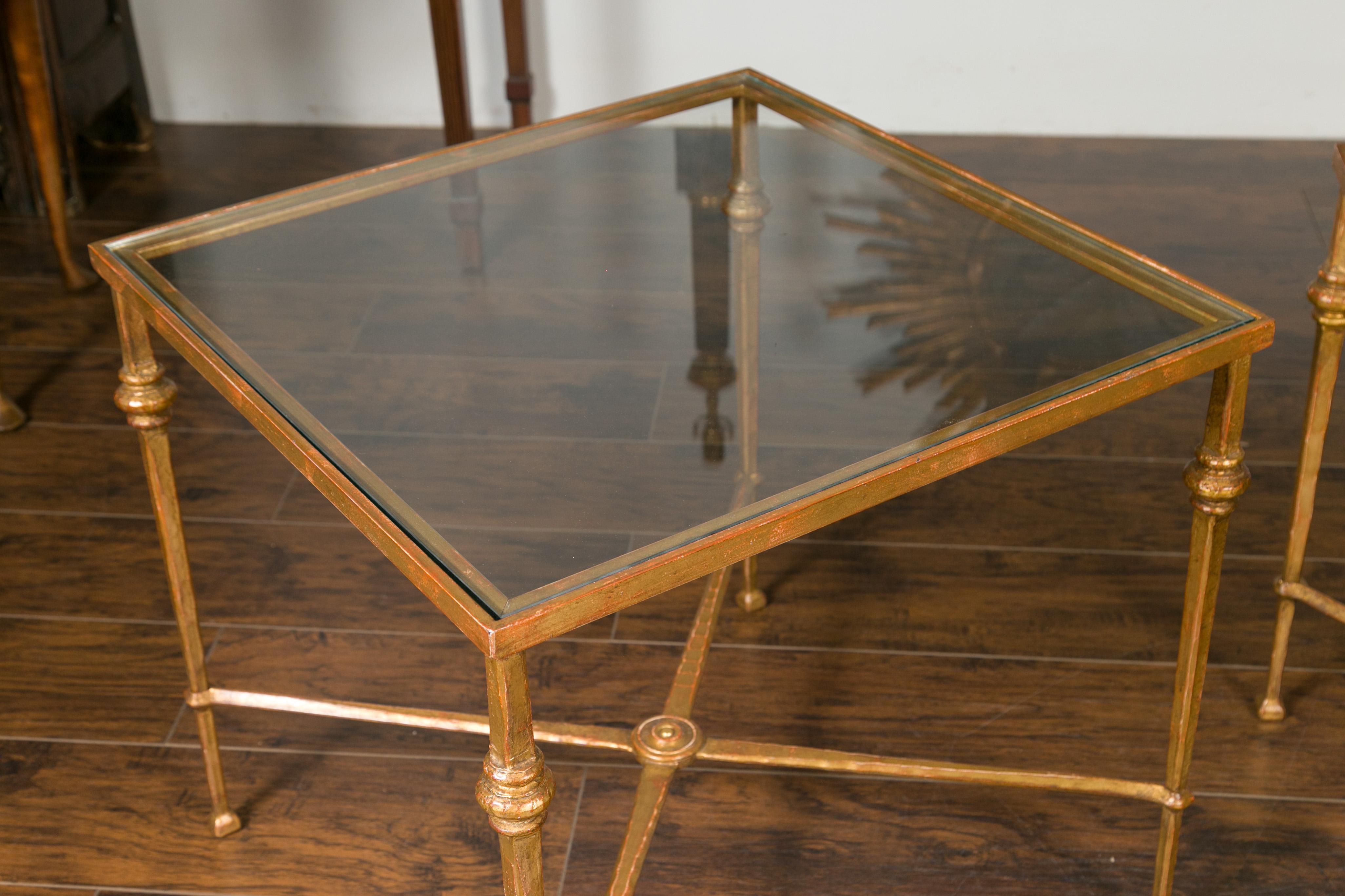 20th Century Pair of Midcentury Gilt Iron Side Tables with Glass Tops and Cross Stretchers