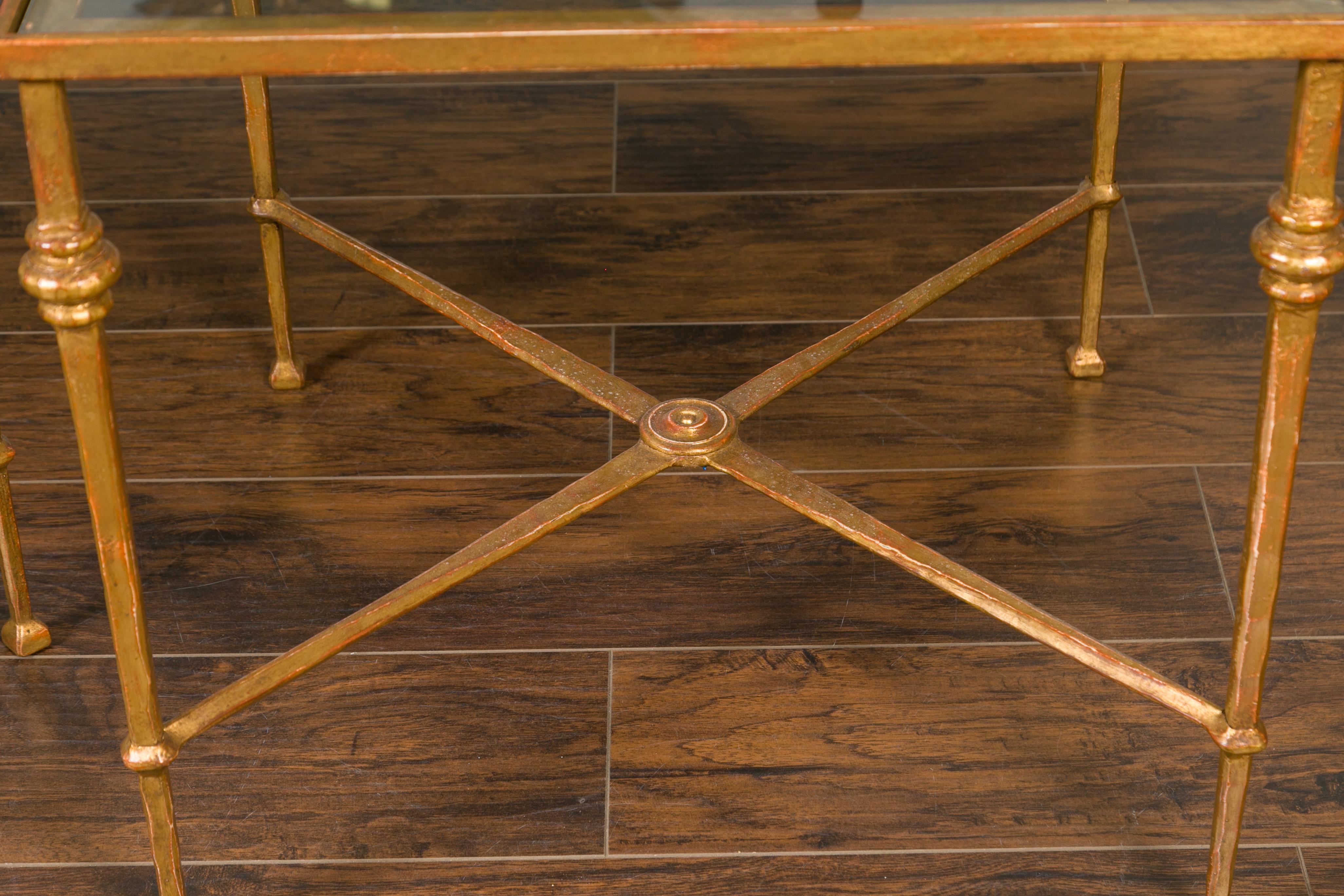 Pair of Midcentury Gilt Iron Side Tables with Glass Tops and Cross Stretchers 1