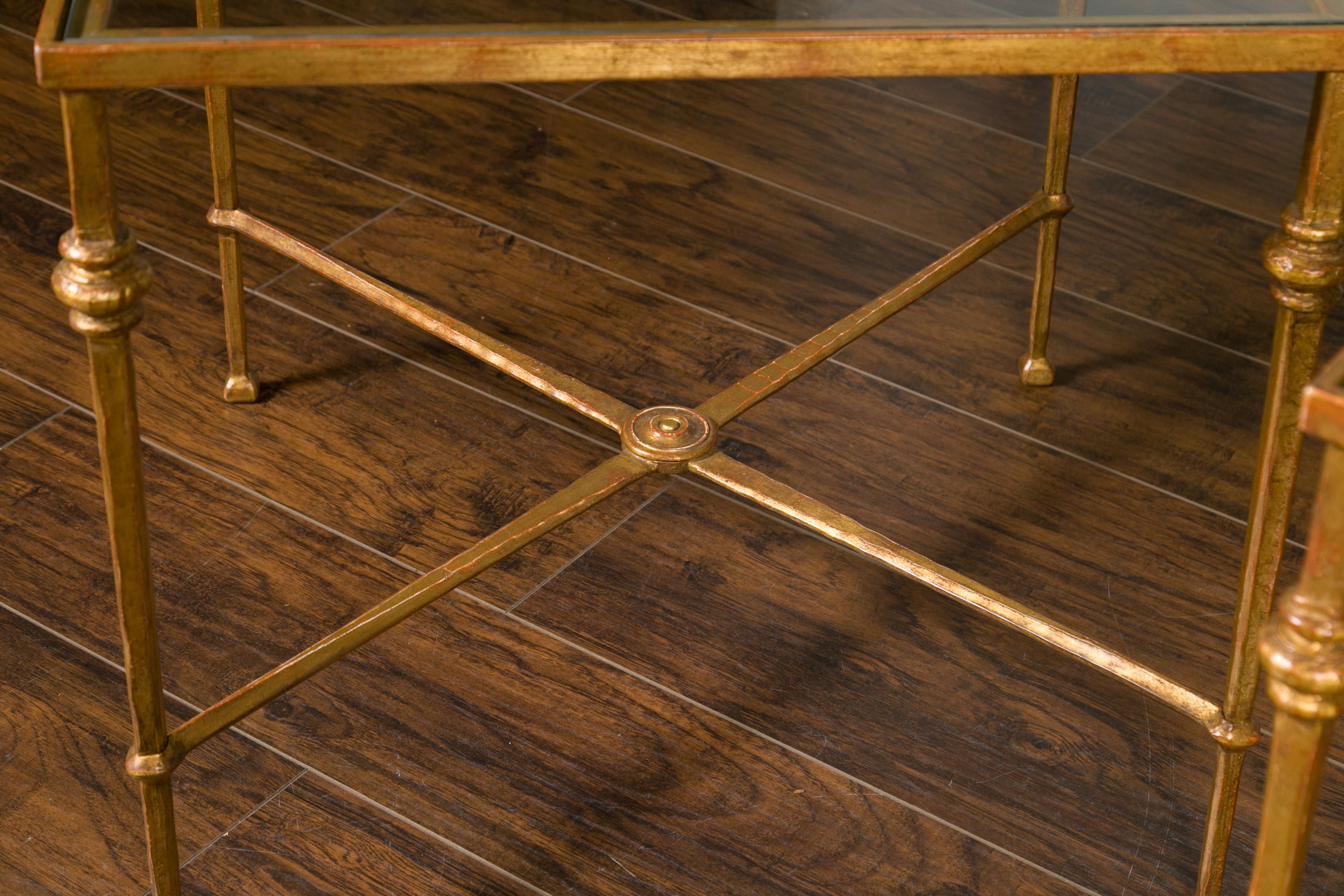 Pair of Midcentury Gilt Iron Side Tables with Glass Tops and Cross Stretchers 2