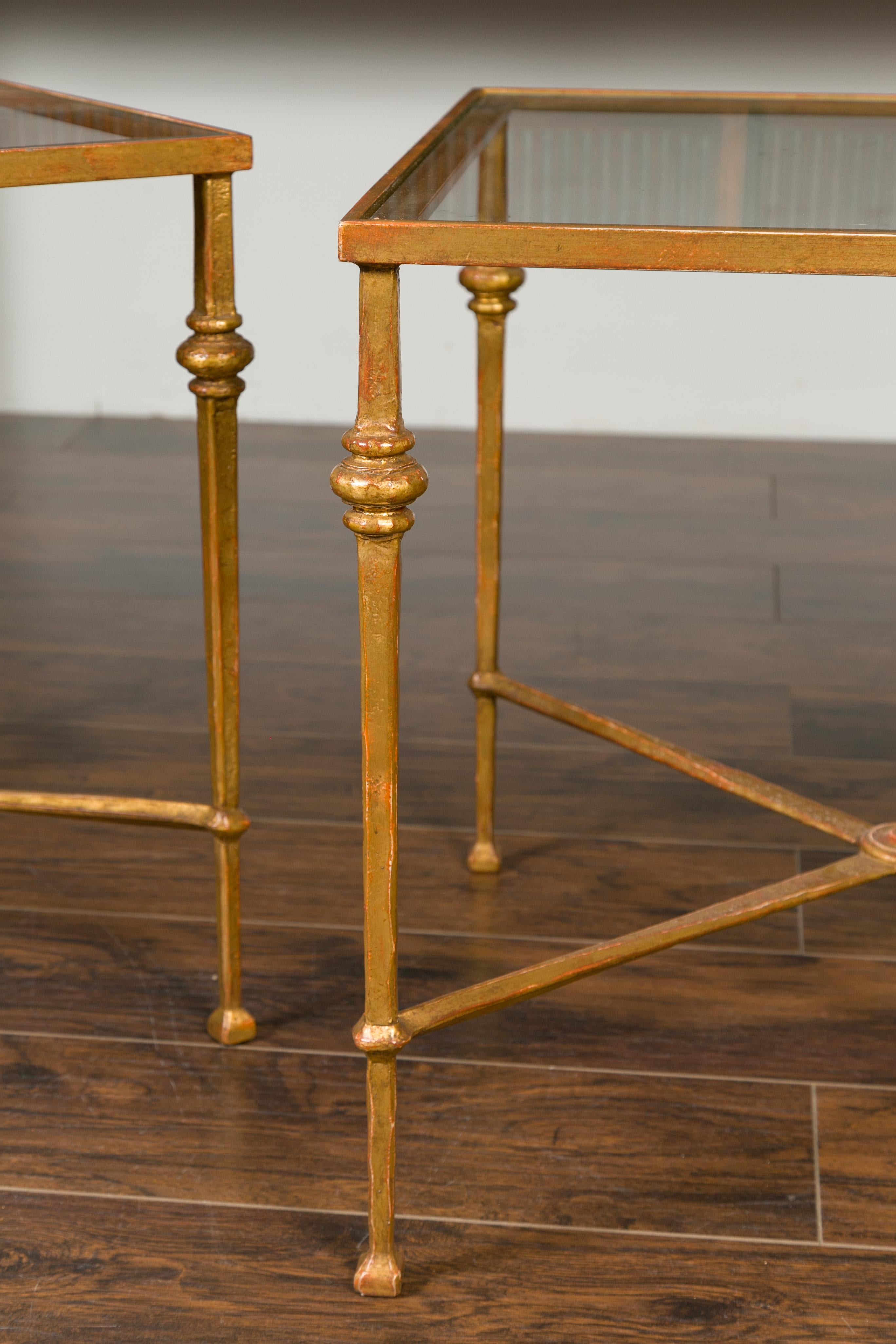 Pair of Midcentury Gilt Iron Side Tables with Glass Tops and Cross Stretchers 3
