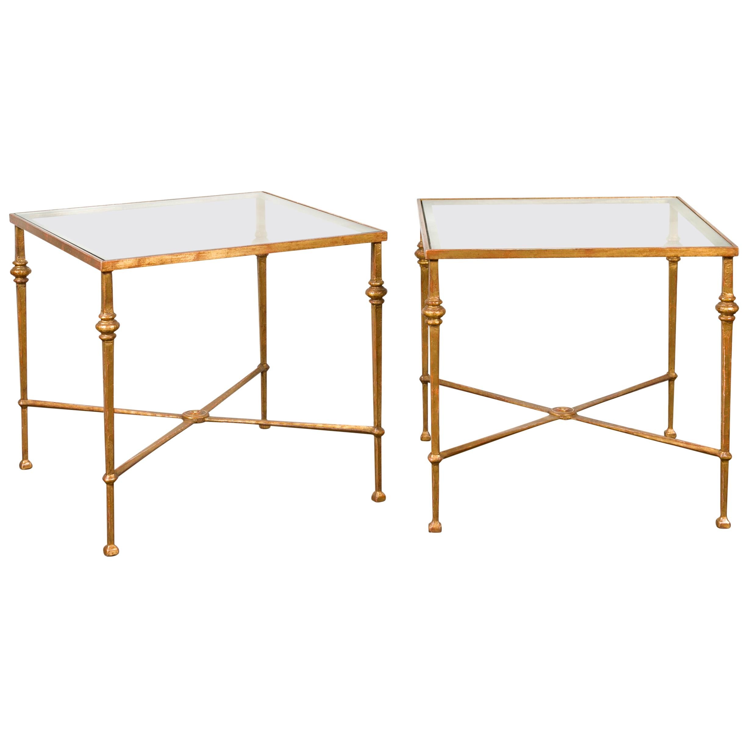 Pair of Midcentury Gilt Iron Side Tables with Glass Tops and Cross Stretchers
