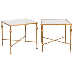 Pair of Midcentury Gilt Iron Side Tables with Glass Tops and Cross Stretchers