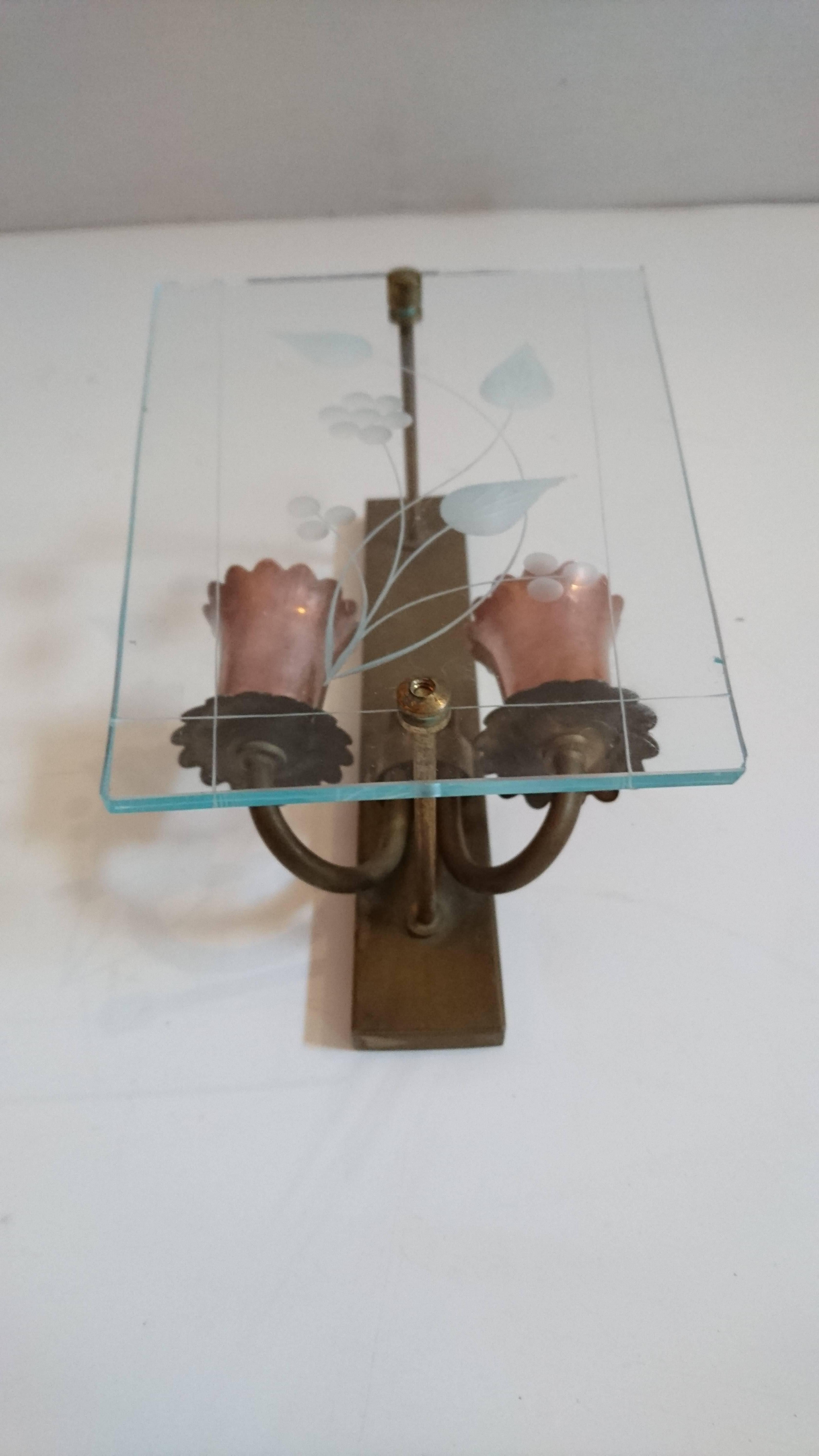 Italian Pair of Midcentury Glass and Copper Wall Sconces, Made in Italy For Sale